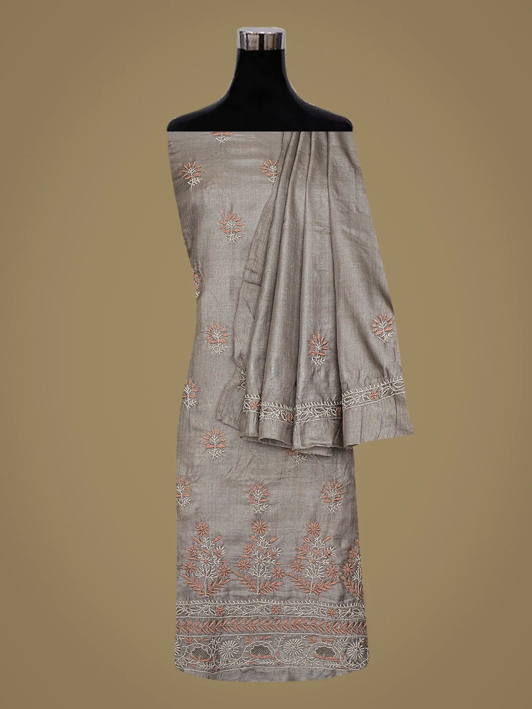 Ada Hand Embroidered Grey Silk Lucknowi Chikankari Unstitched Kurta Dupatta Set 01A729218