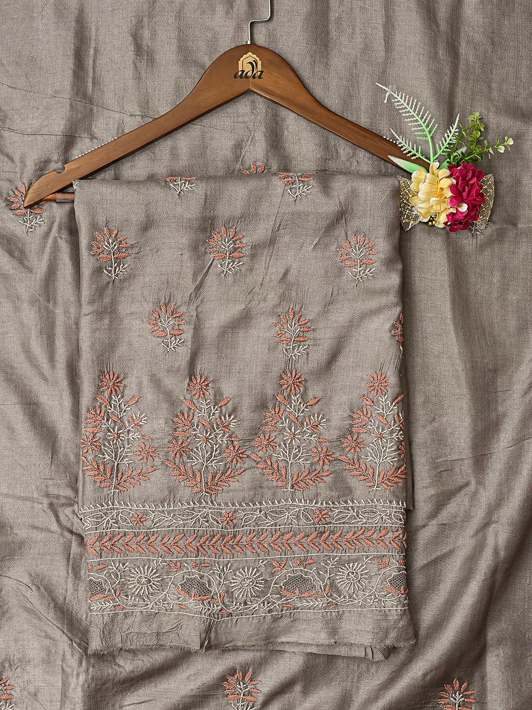 Ada Hand Embroidered Grey Silk Lucknowi Chikankari Unstitched Kurta Dupatta Set 01A729218