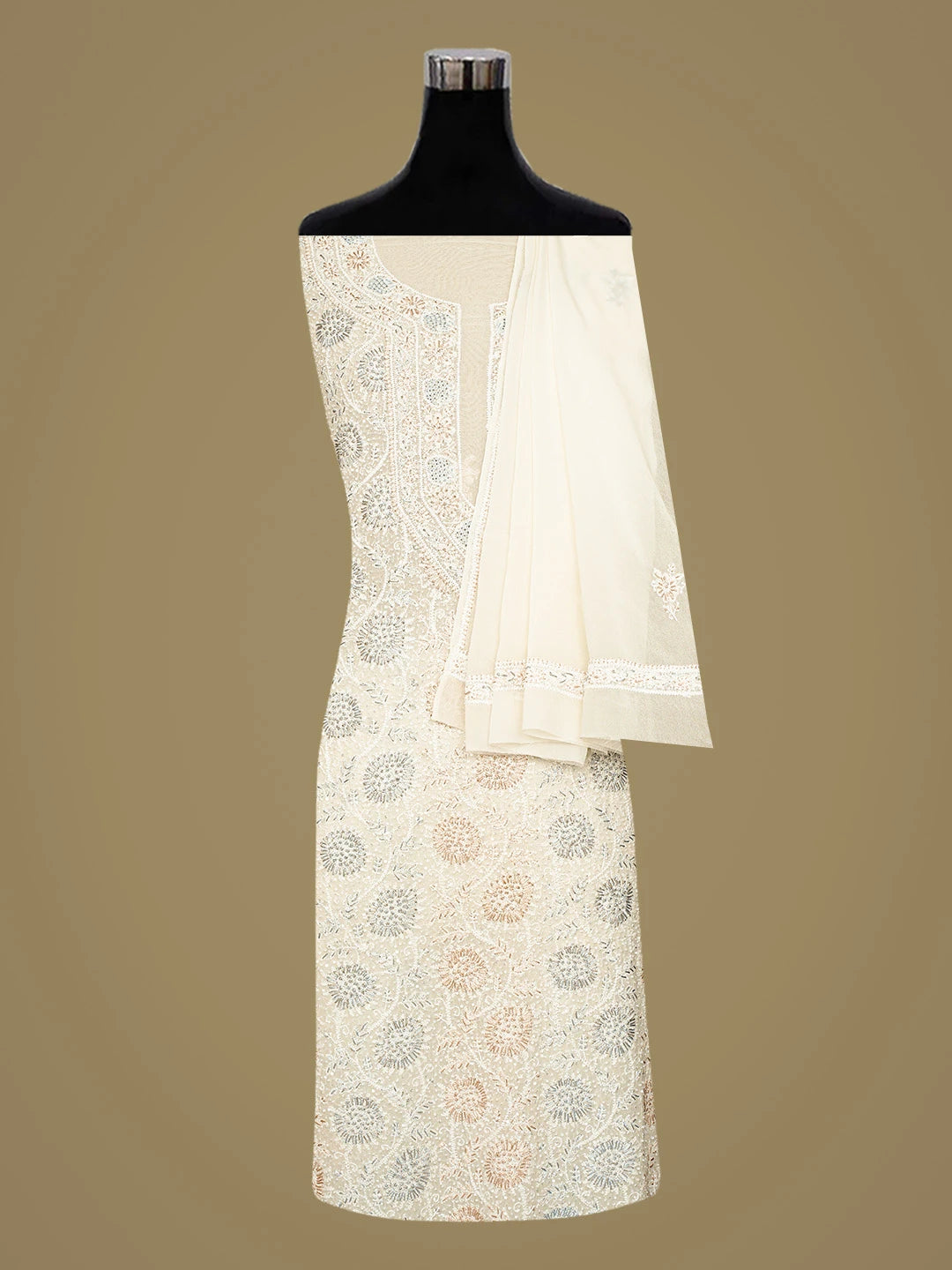 Ada Hand Embroidered White Pure Georgette Lucknowi Chikankari Unstitched Kurta Dupatta Set With Cutdana Work 01A646595