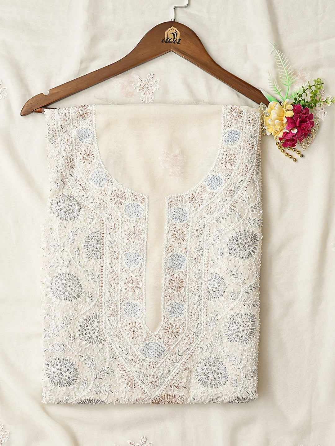 Ada Hand Embroidered White Pure Georgette Lucknowi Chikankari Unstitched Kurta Dupatta Set With Cutdana Work 01A646595