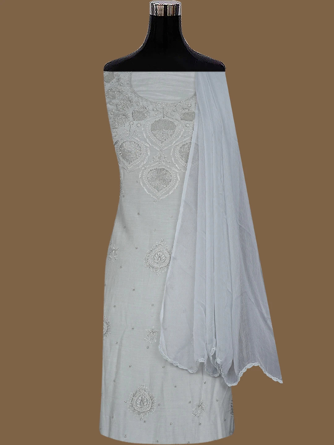 Ada Hand Embroidered Grey Muslin Lucknowi Chikankari Unstitched Suit Piece With Cutdana Work 01A814908