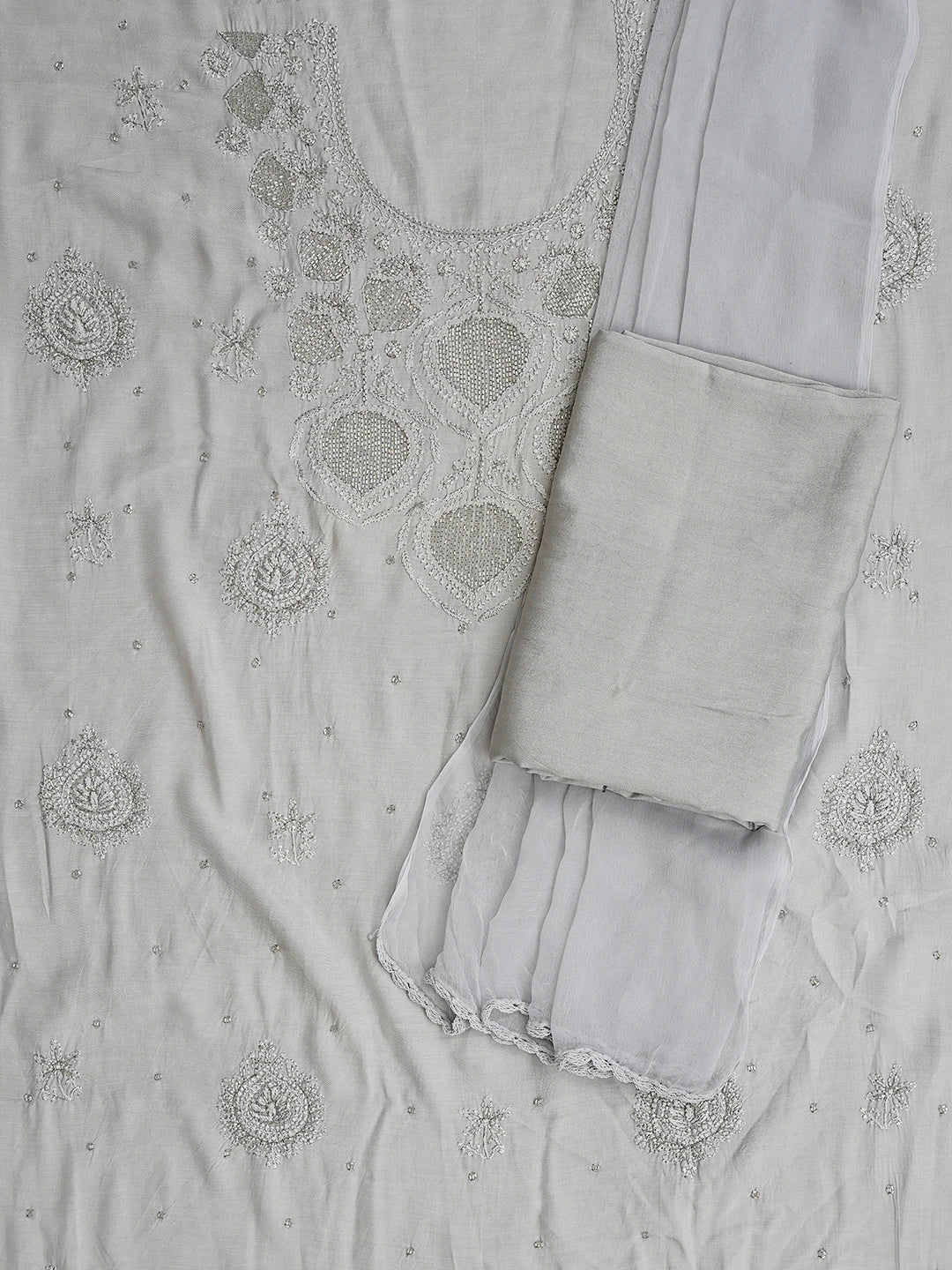 Ada Hand Embroidered Grey Muslin Lucknowi Chikankari Unstitched Suit Piece With Cutdana Work 01A814908