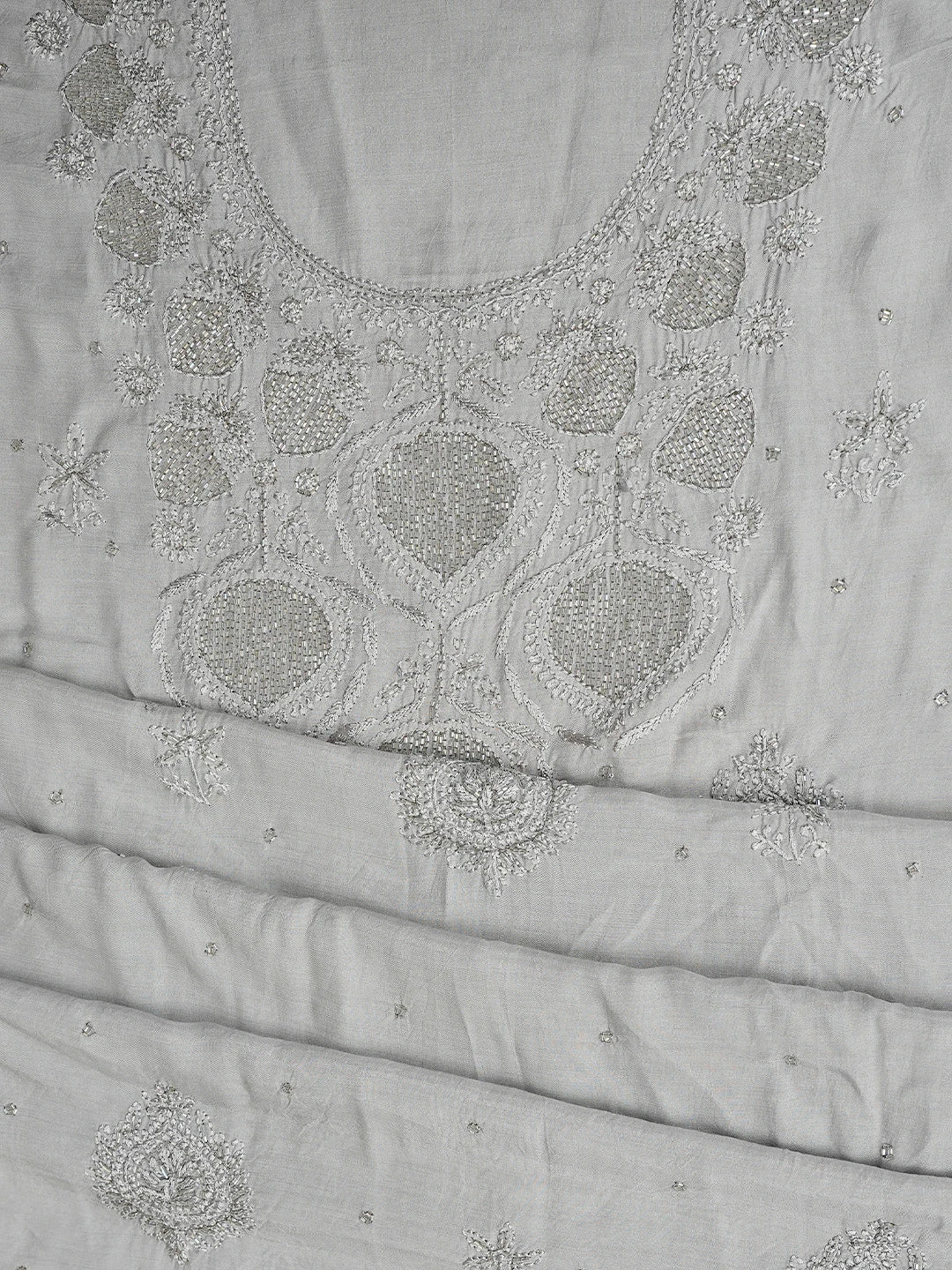 Ada Hand Embroidered Grey Muslin Lucknowi Chikankari Unstitched Suit Piece With Cutdana Work 01A814908
