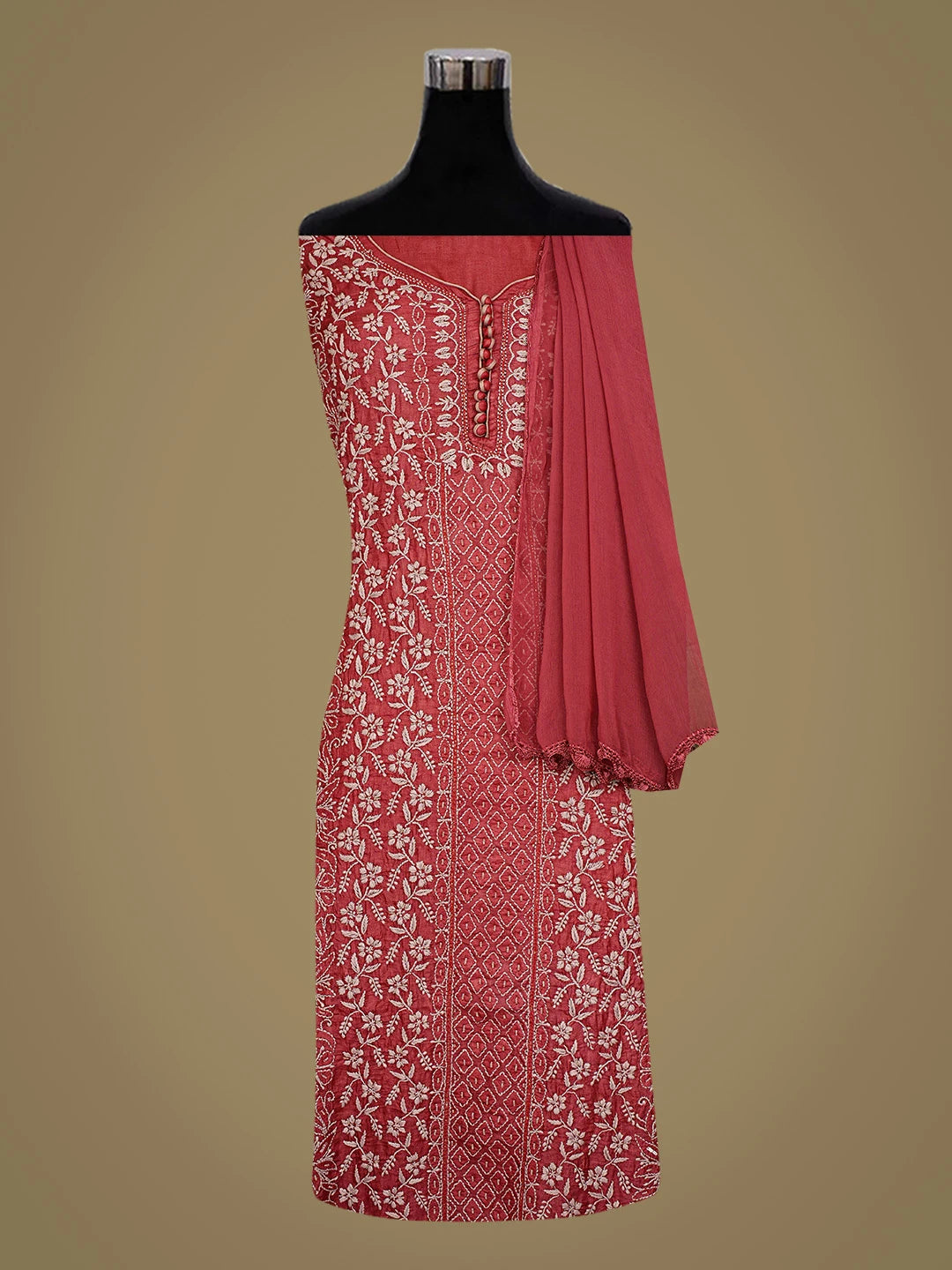 Ada Hand Embroidered Maroon Silk Lucknowi Chikankari Unstitched Suit Piece With Sequinned Work 01A718771