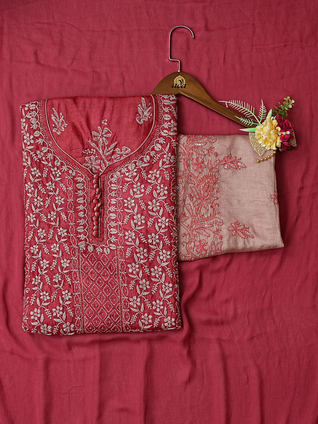 Ada Hand Embroidered Maroon Silk Lucknowi Chikankari Unstitched Suit Piece With Sequinned Work 01A718771