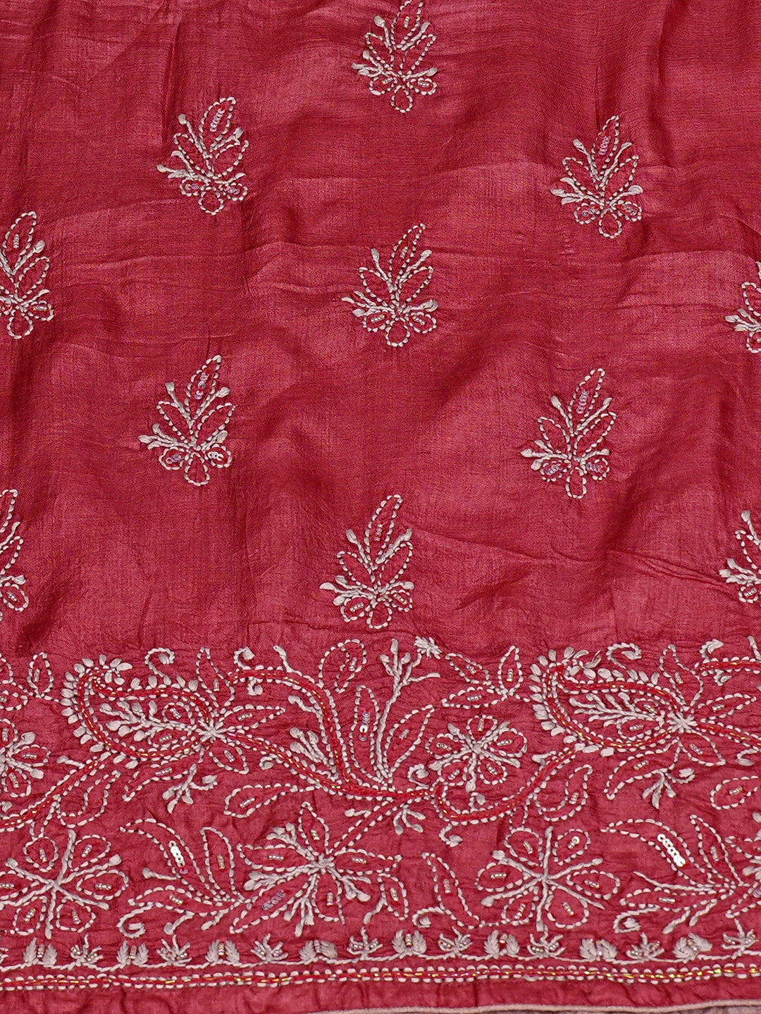 Ada Hand Embroidered Maroon Silk Lucknowi Chikankari Unstitched Suit Piece With Sequinned Work 01A718771