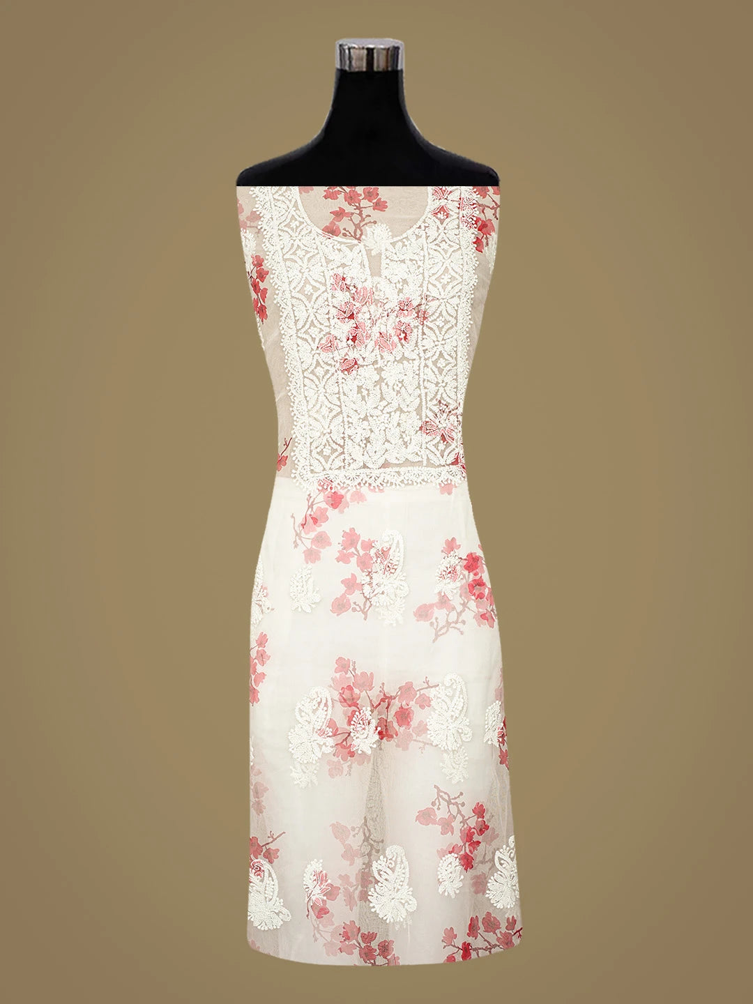 Ada Hand Embroidered White Organza Floral Printed Lucknowi Chikankari Unstitched Kurta Dupatta Set 01A740594