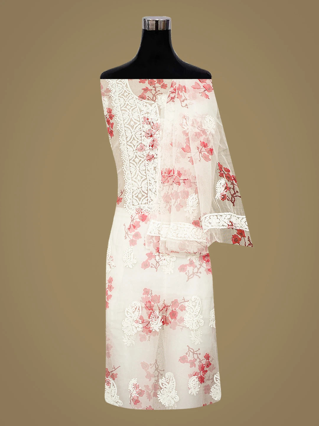 Ada Hand Embroidered White Organza Floral Printed Lucknowi Chikankari Unstitched Kurta Dupatta Set 01A740594