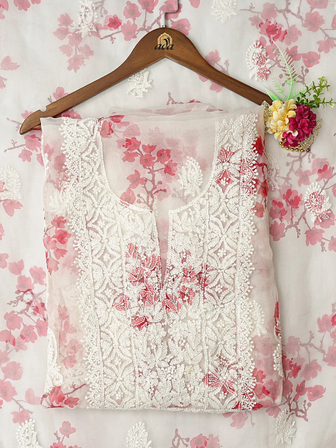 Ada Hand Embroidered White Organza Floral Printed Lucknowi Chikankari Unstitched Kurta Dupatta Set 01A740594