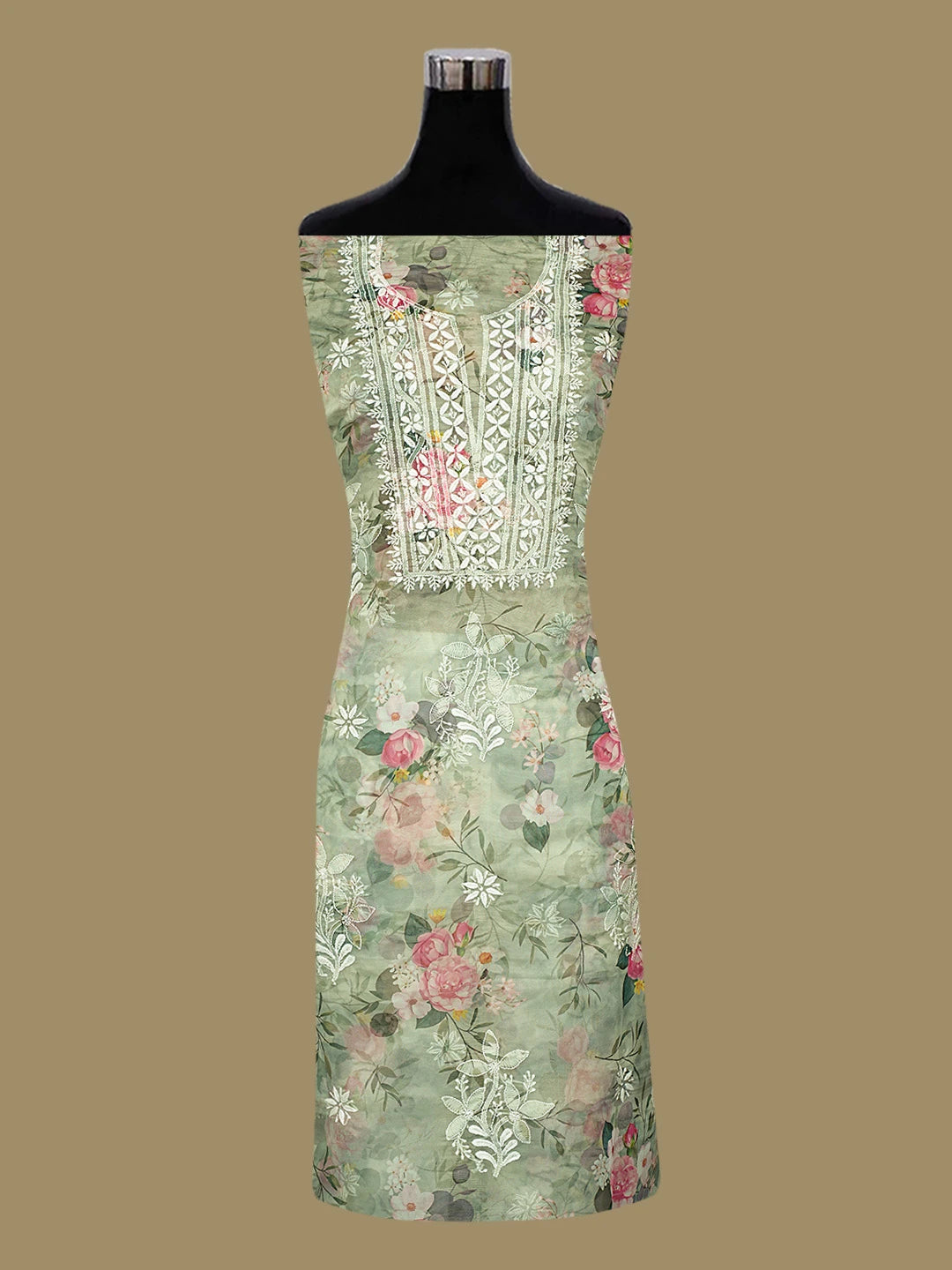 Ada Hand Embroidered Green Organza Floral Printed Lucknowi Chikankari Unstitched Kurta Dupatta Set 01A736707