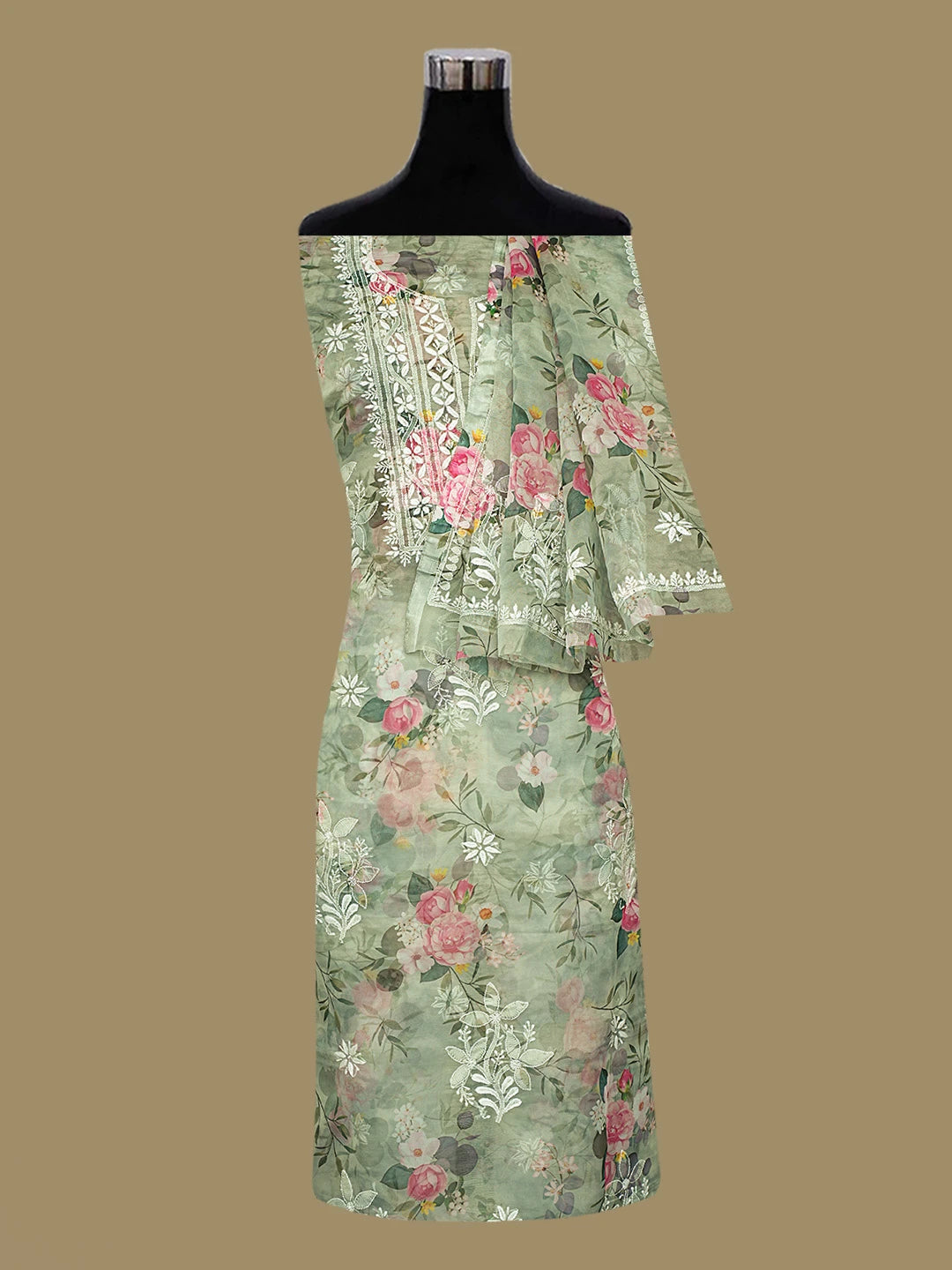Ada Hand Embroidered Green Organza Floral Printed Lucknowi Chikankari Unstitched Kurta Dupatta Set 01A736707