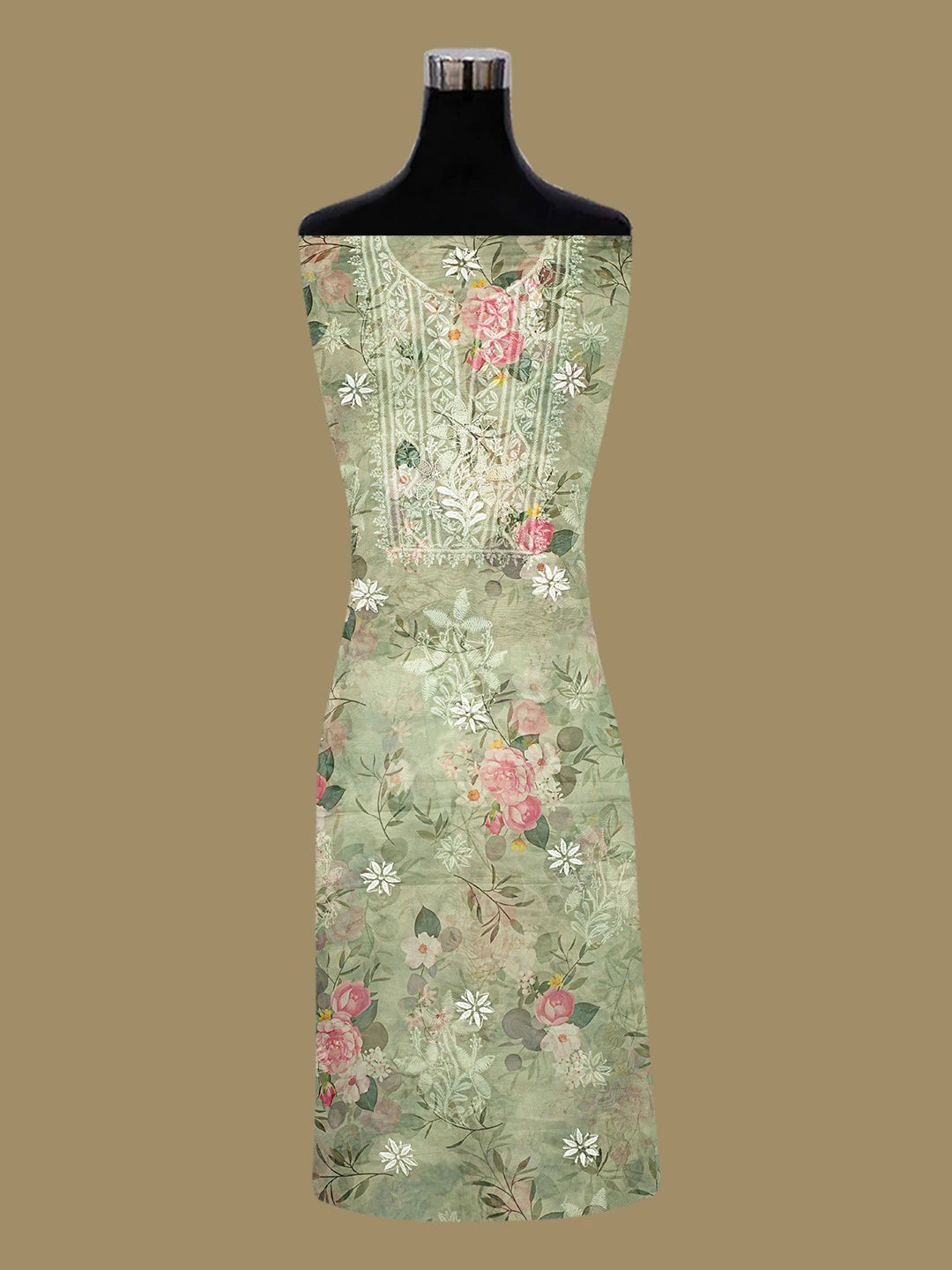 Ada Hand Embroidered Green Organza Floral Printed Lucknowi Chikankari Unstitched Kurta Dupatta Set 01A736707