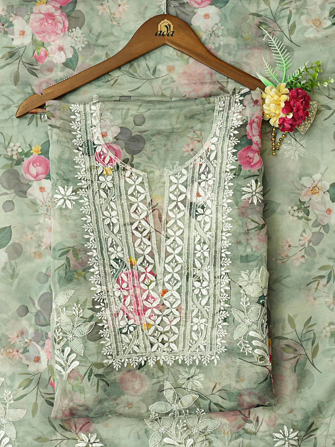 Ada Hand Embroidered Green Organza Floral Printed Lucknowi Chikankari Unstitched Kurta Dupatta Set 01A736707