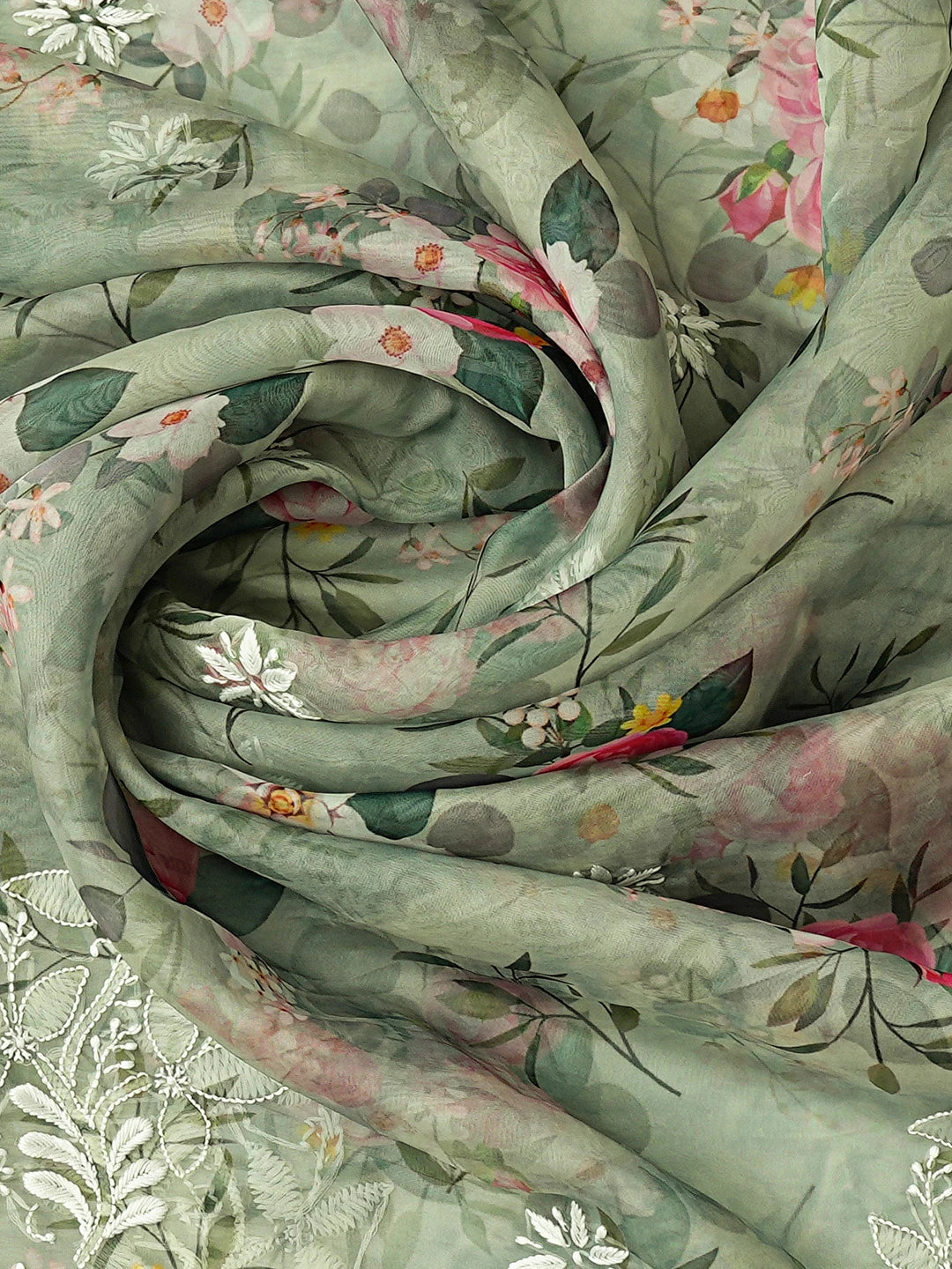 Ada Hand Embroidered Green Organza Floral Printed Lucknowi Chikankari Unstitched Kurta Dupatta Set 01A736707