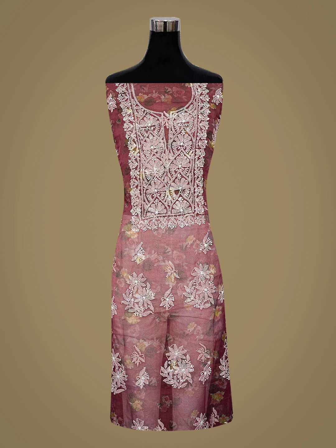 Ada Hand Embroidered Wine Organza Floral Printed Lucknowi Chikankari Unstitched Kurta Dupatta Set 01A740588