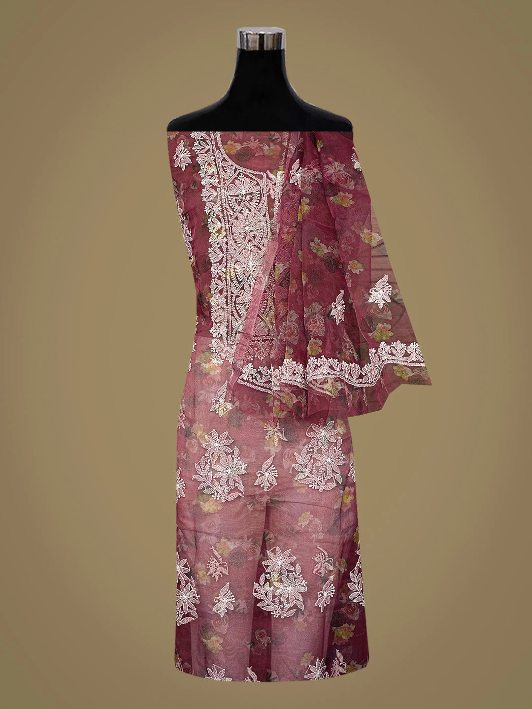 Ada Hand Embroidered Wine Organza Floral Printed Lucknowi Chikankari Unstitched Kurta Dupatta Set 01A740588