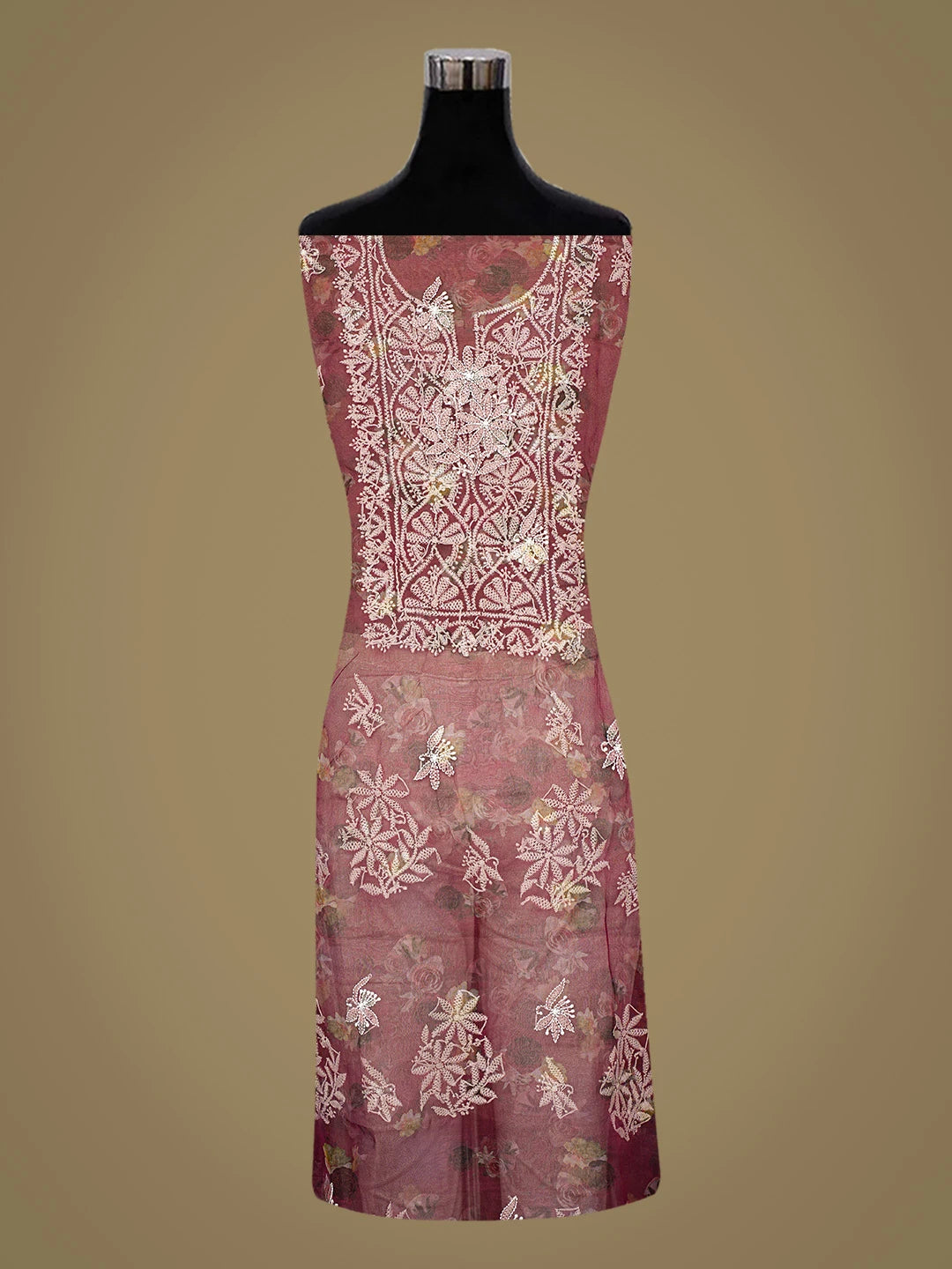 Ada Hand Embroidered Wine Organza Floral Printed Lucknowi Chikankari Unstitched Kurta Dupatta Set 01A740588
