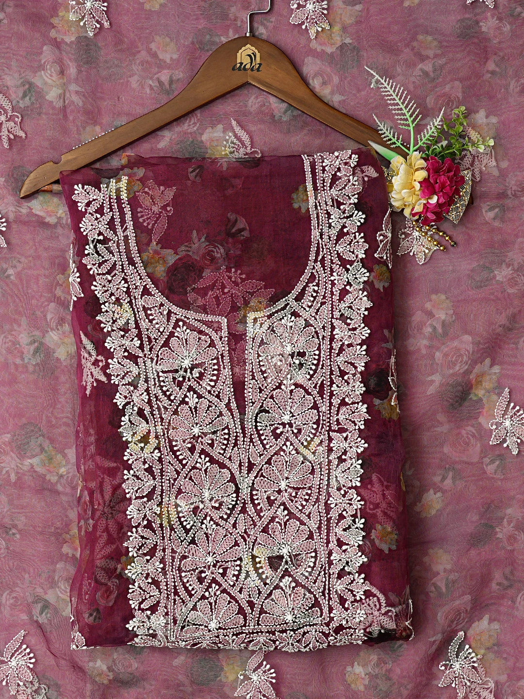 Ada Hand Embroidered Wine Organza Floral Printed Lucknowi Chikankari Unstitched Kurta Dupatta Set 01A740588