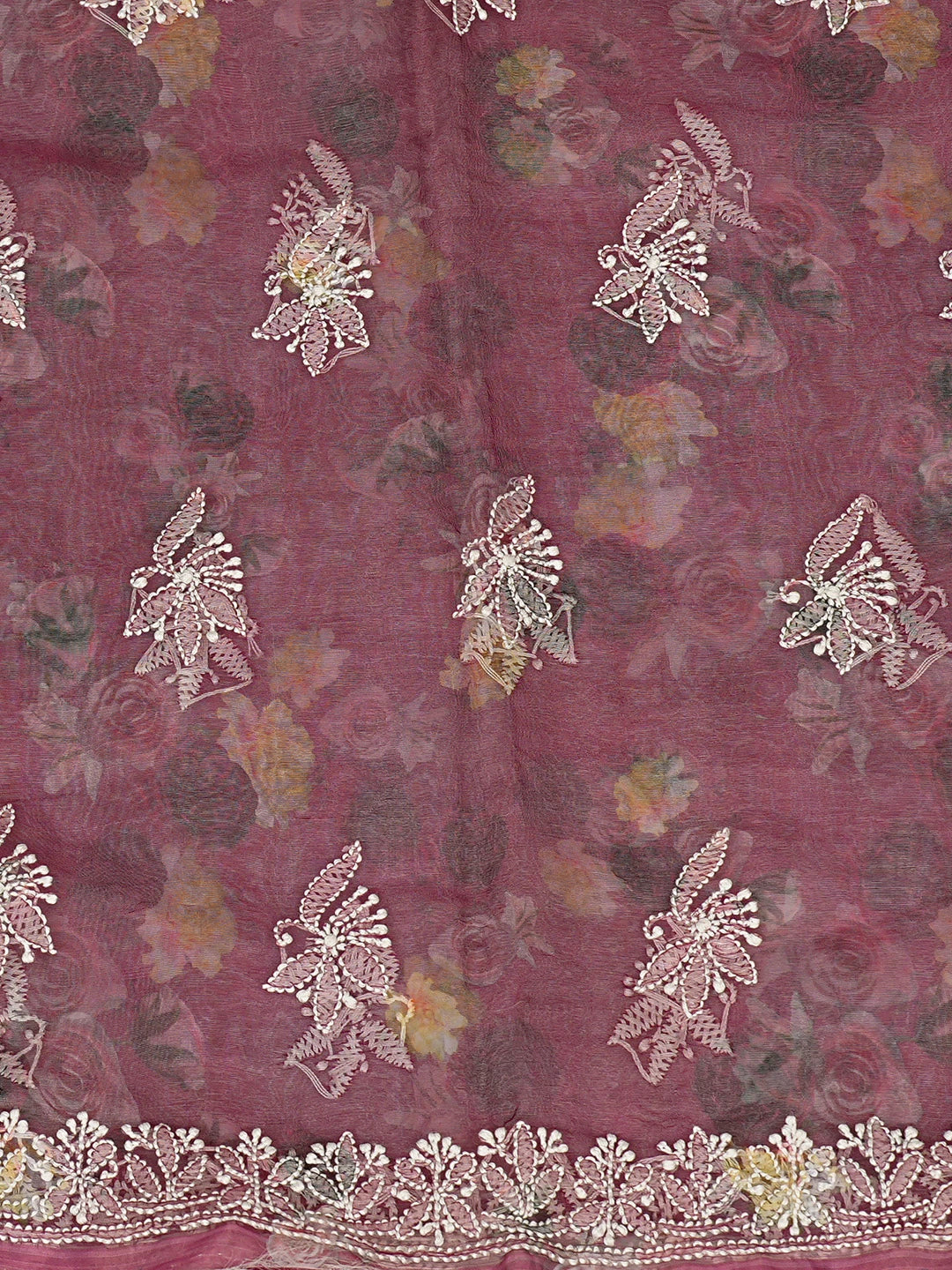 Ada Hand Embroidered Wine Organza Floral Printed Lucknowi Chikankari Unstitched Kurta Dupatta Set 01A740588