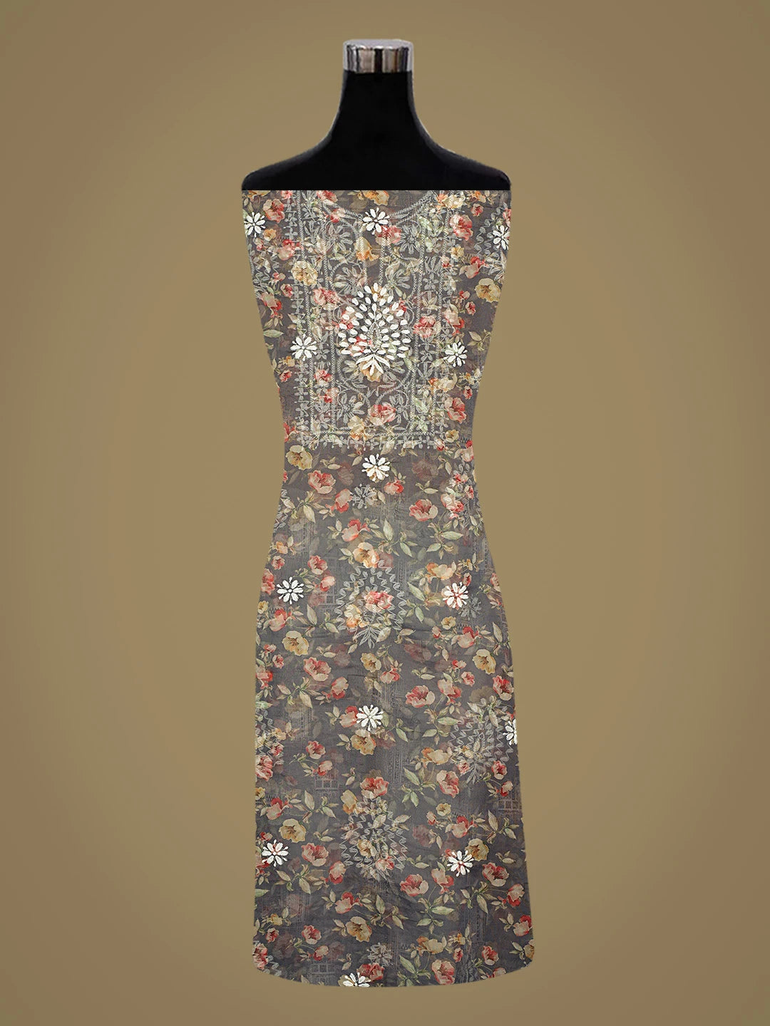 Ada Hand Embroidered Grey Organza Floral Printed Lucknowi Chikankari Unstitched Kurta Dupatta Set 01A736681