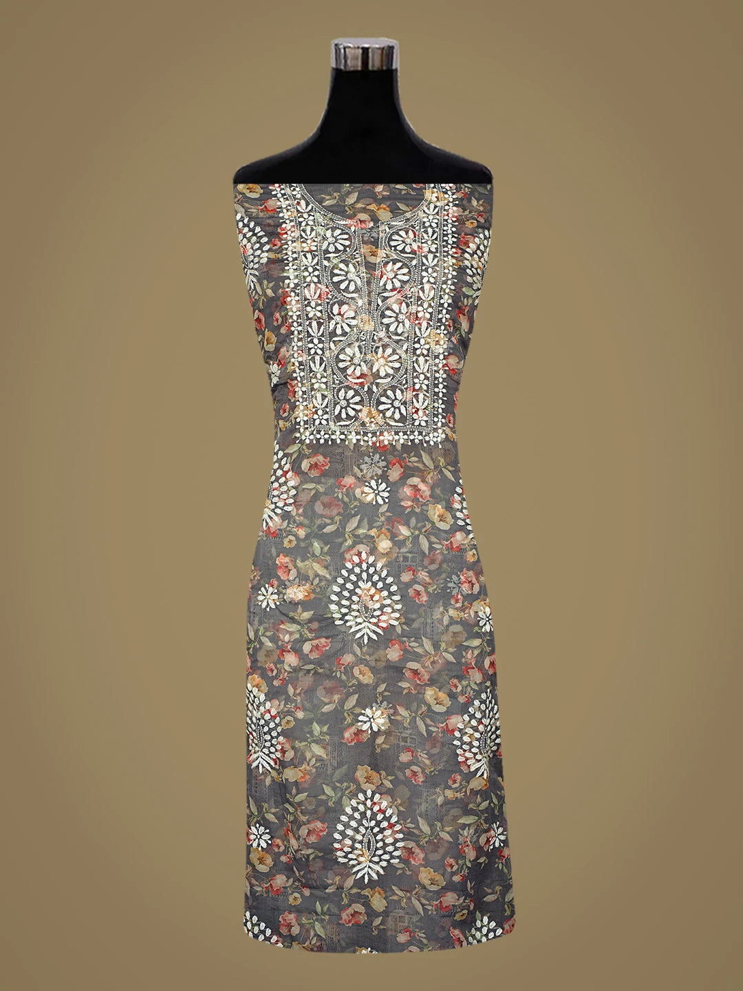 Ada Hand Embroidered Grey Organza Floral Printed Lucknowi Chikankari Unstitched Kurta Dupatta Set 01A736681