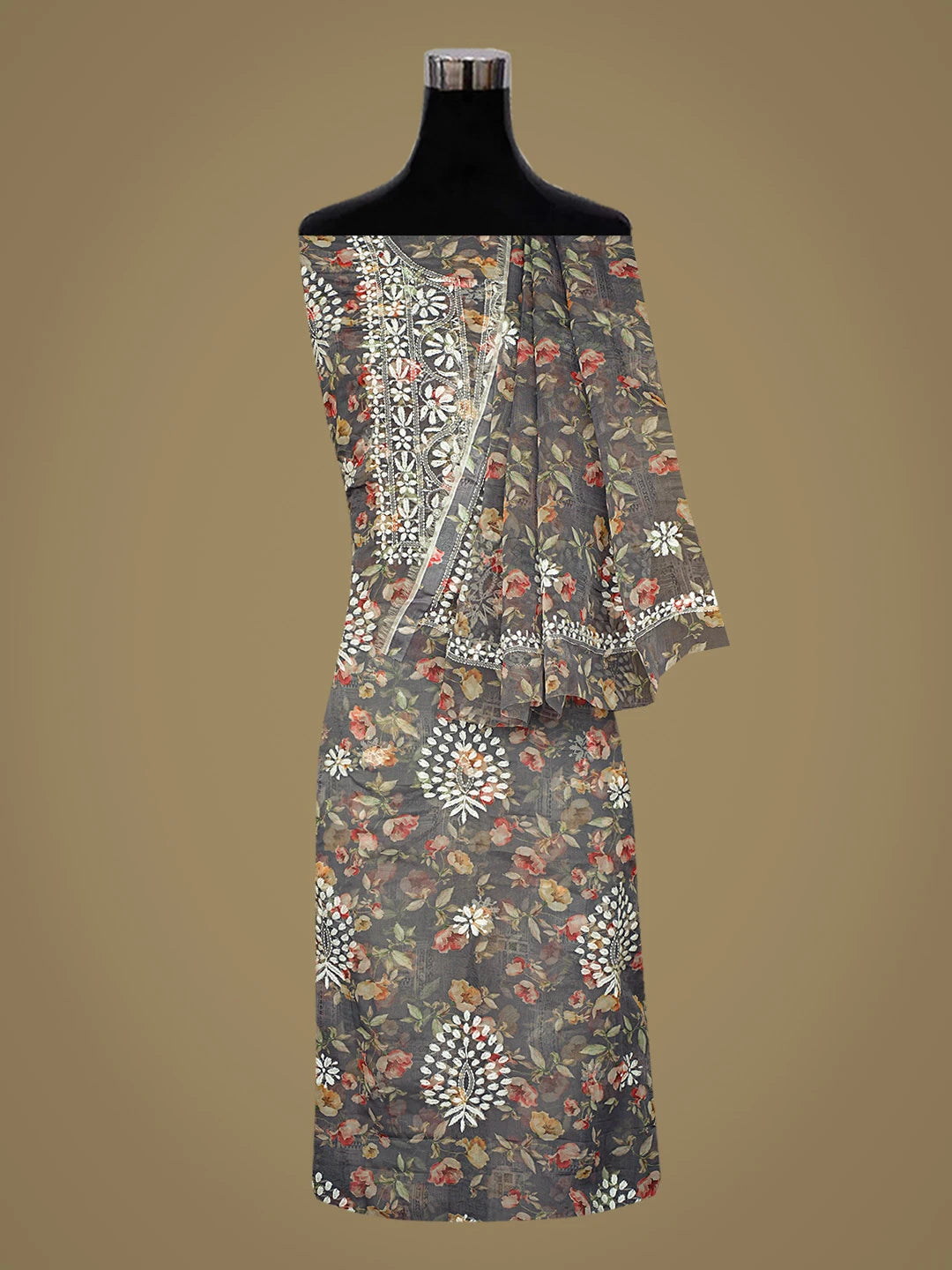 Ada Hand Embroidered Grey Organza Floral Printed Lucknowi Chikankari Unstitched Kurta Dupatta Set 01A736681