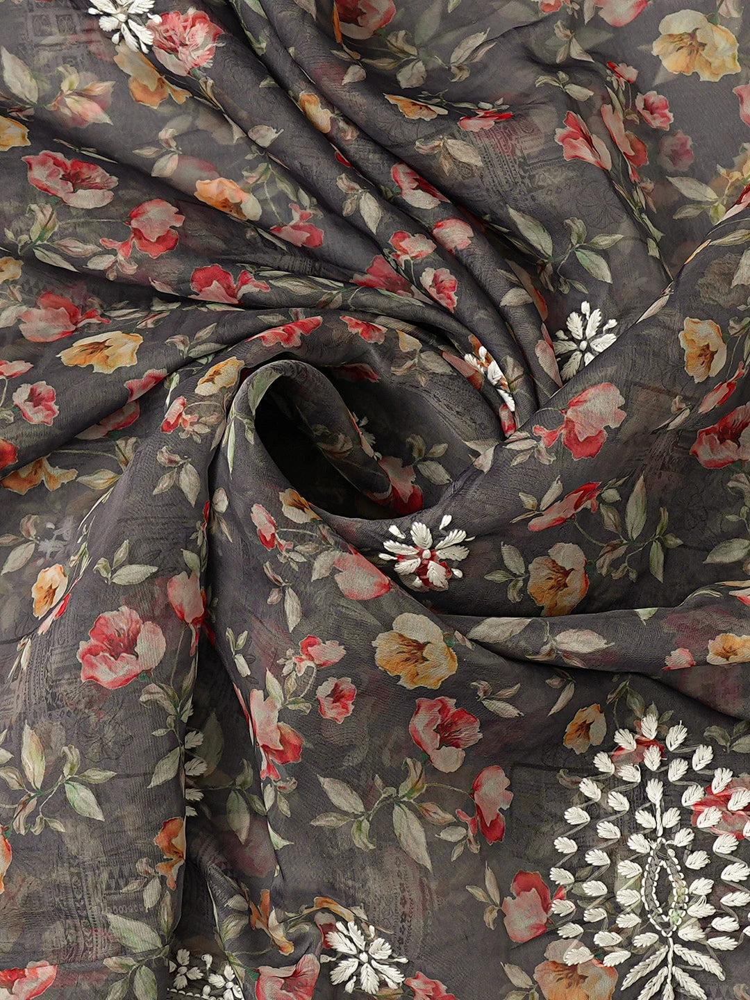 Ada Hand Embroidered Grey Organza Floral Printed Lucknowi Chikankari Unstitched Kurta Dupatta Set 01A736681