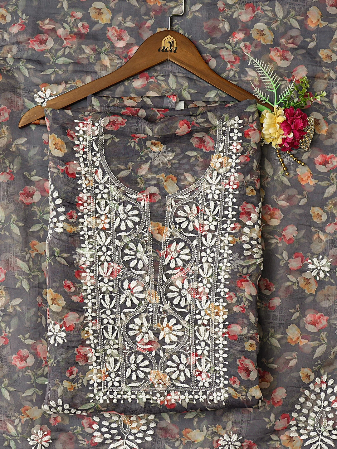 Ada Hand Embroidered Grey Organza Floral Printed Lucknowi Chikankari Unstitched Kurta Dupatta Set 01A736681