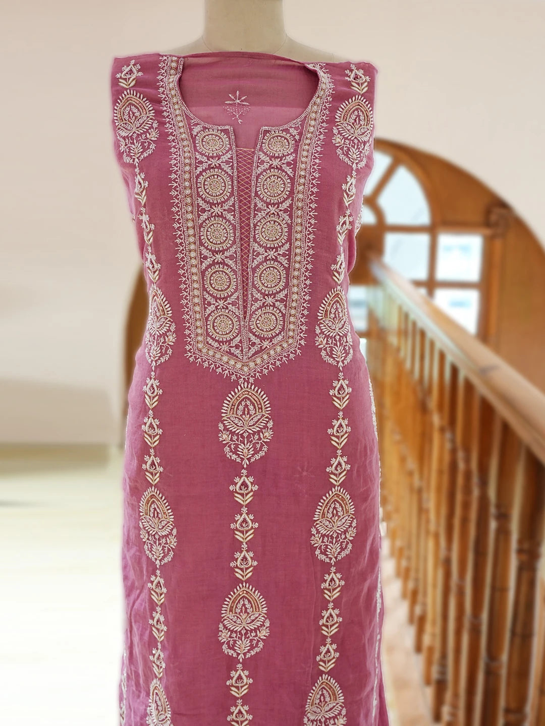 Ada Hand Embroidered Onion Pink Tissue Lucknowi Chikankari Unstitched Kurta Dupatta Set With Cutdana Work 01A718631