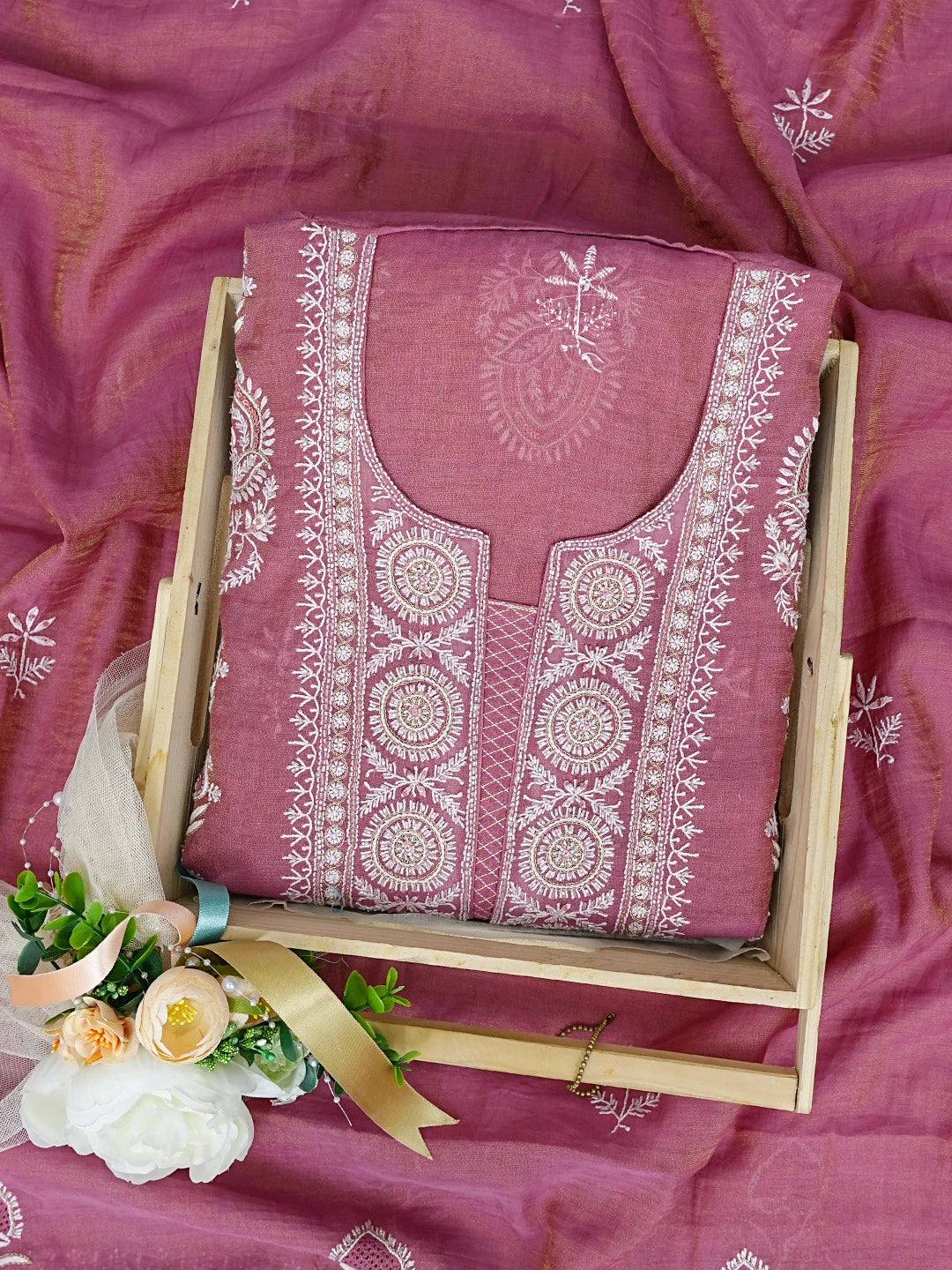 Ada Hand Embroidered Onion Pink Tissue Lucknowi Chikankari Unstitched Kurta Dupatta Set With Cutdana Work 01A718631