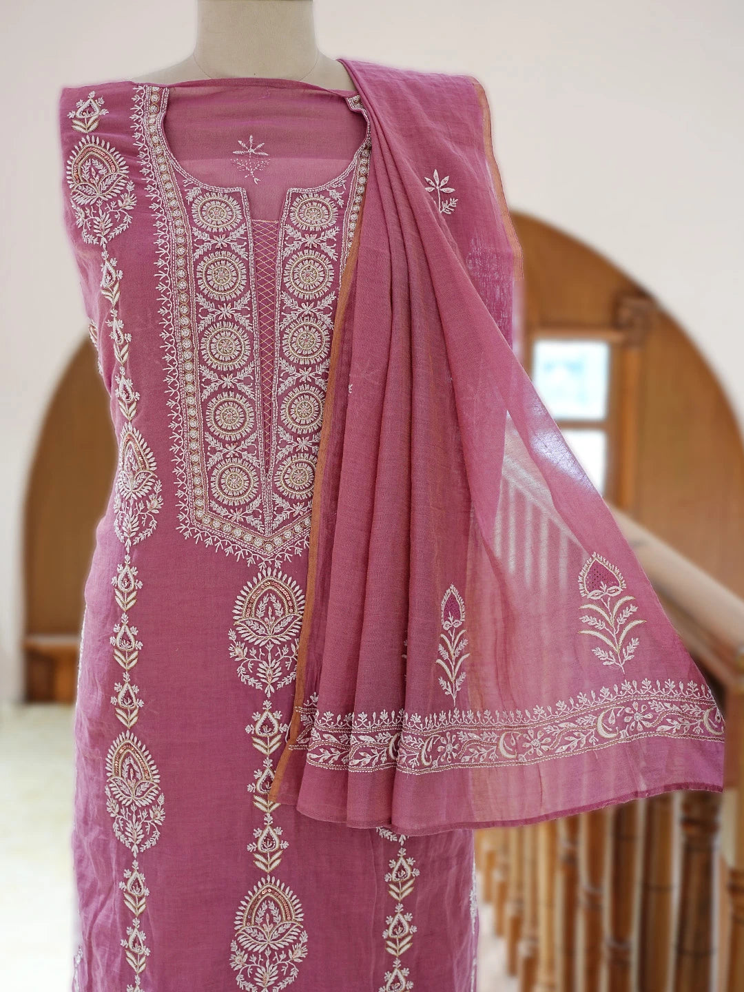 Ada Hand Embroidered Onion Pink Tissue Lucknowi Chikankari Unstitched Kurta Dupatta Set With Cutdana Work 01A718631