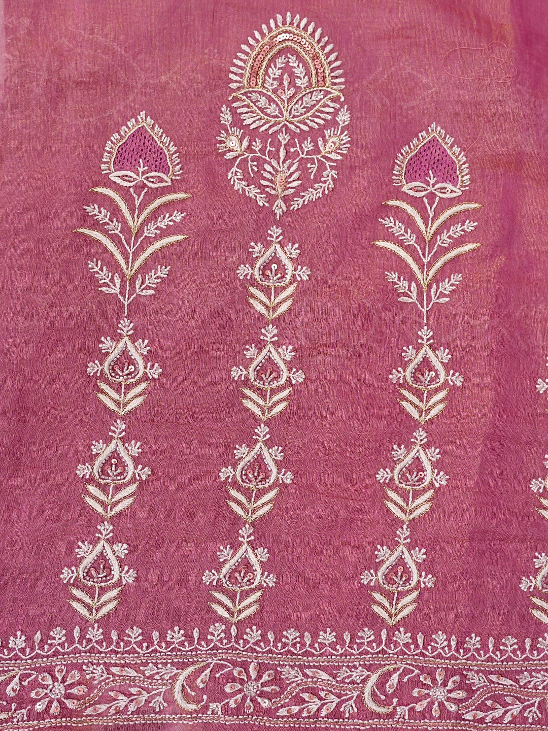 Ada Hand Embroidered Onion Pink Tissue Lucknowi Chikankari Unstitched Kurta Dupatta Set With Cutdana Work 01A718631