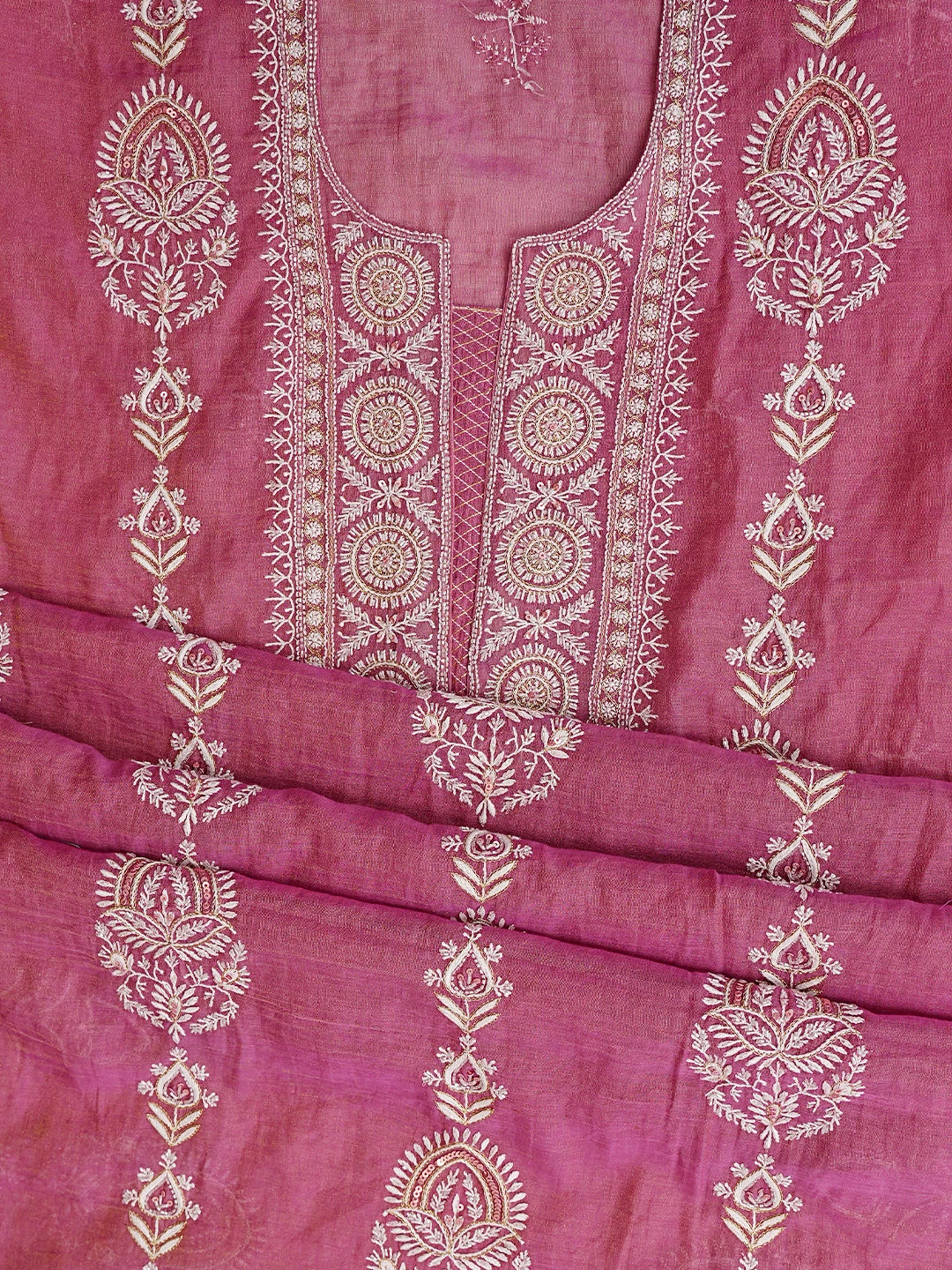 Ada Hand Embroidered Onion Pink Tissue Lucknowi Chikankari Unstitched Kurta Dupatta Set With Cutdana Work 01A718631
