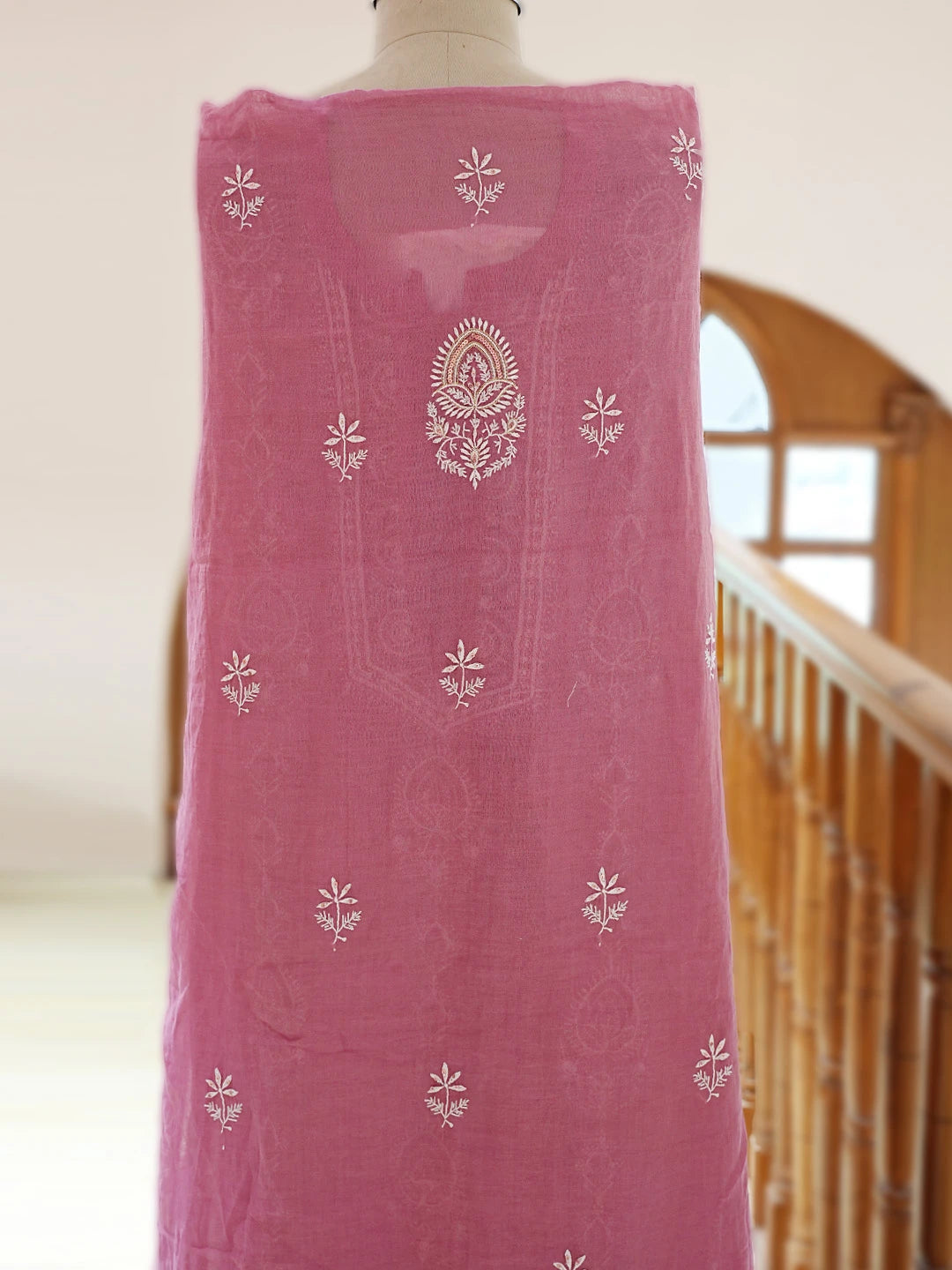Ada Hand Embroidered Onion Pink Tissue Lucknowi Chikankari Unstitched Kurta Dupatta Set With Cutdana Work 01A718631