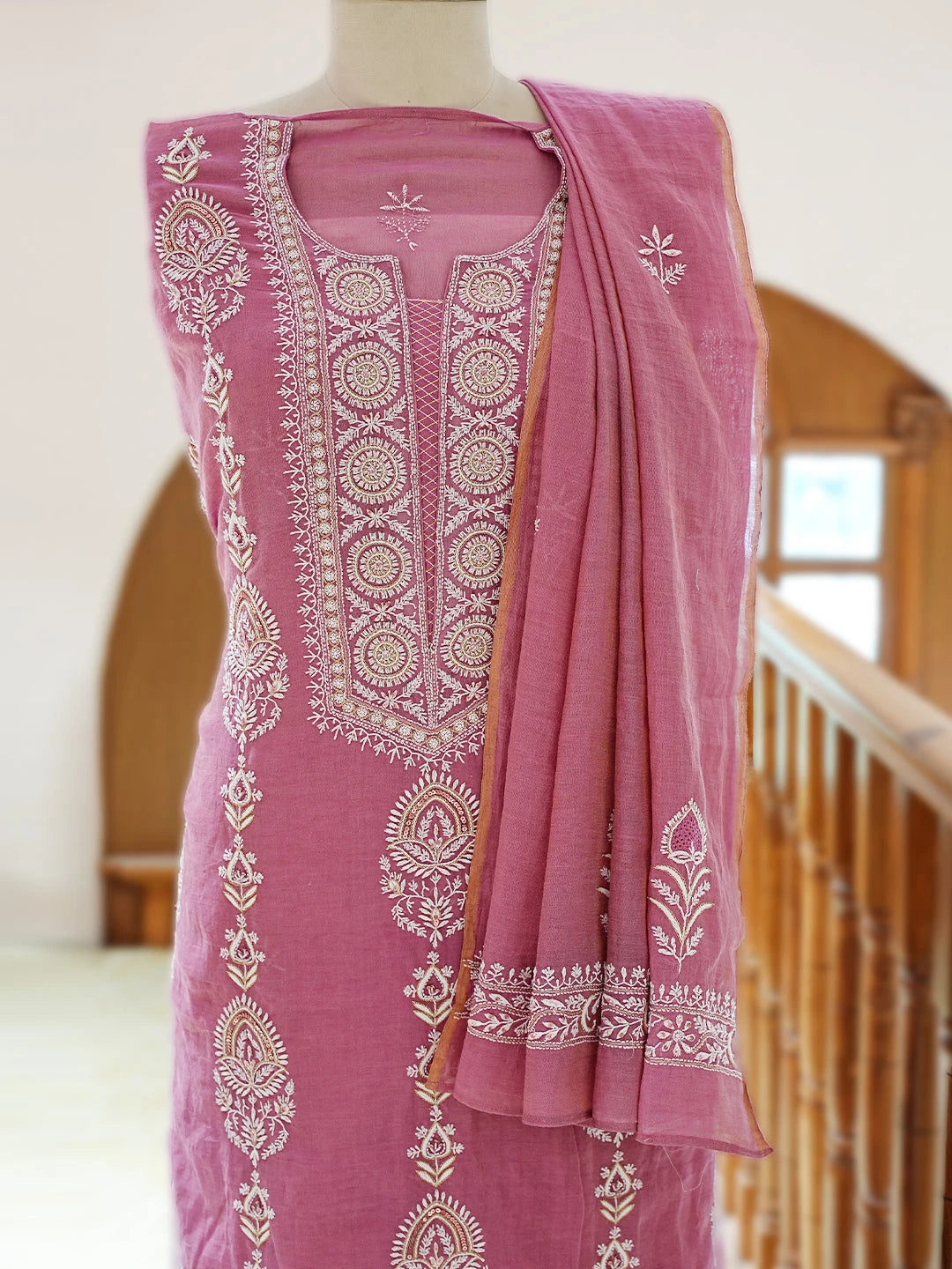 Ada Hand Embroidered Onion Pink Tissue Lucknowi Chikankari Unstitched Kurta Dupatta Set With Cutdana Work 01A718631