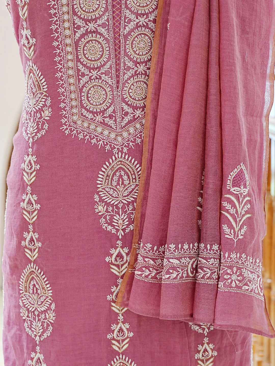 Ada Hand Embroidered Onion Pink Tissue Lucknowi Chikankari Unstitched Kurta Dupatta Set With Cutdana Work 01A718631