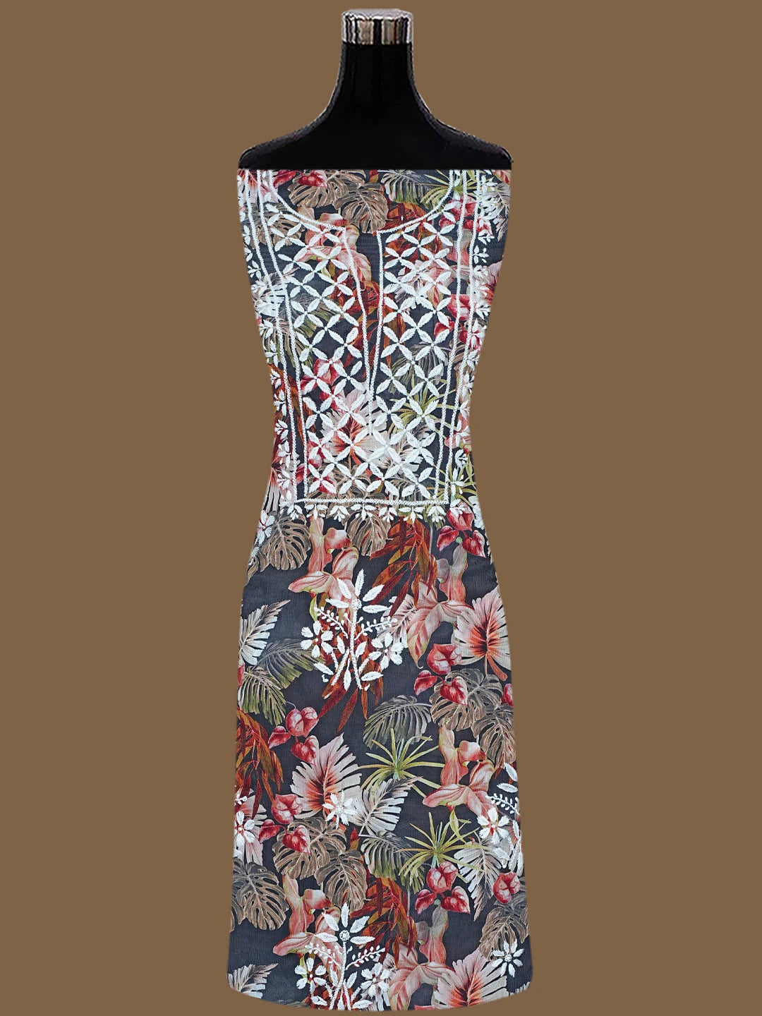 Ada Hand Embroidered Grey Crepe Floral Printed Lucknowi Chikankari Unstitched Kurta Dupatta Set 01A723077