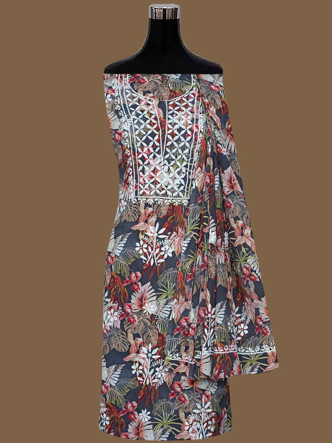 Ada Hand Embroidered Grey Crepe Floral Printed Lucknowi Chikankari Unstitched Kurta Dupatta Set 01A723077