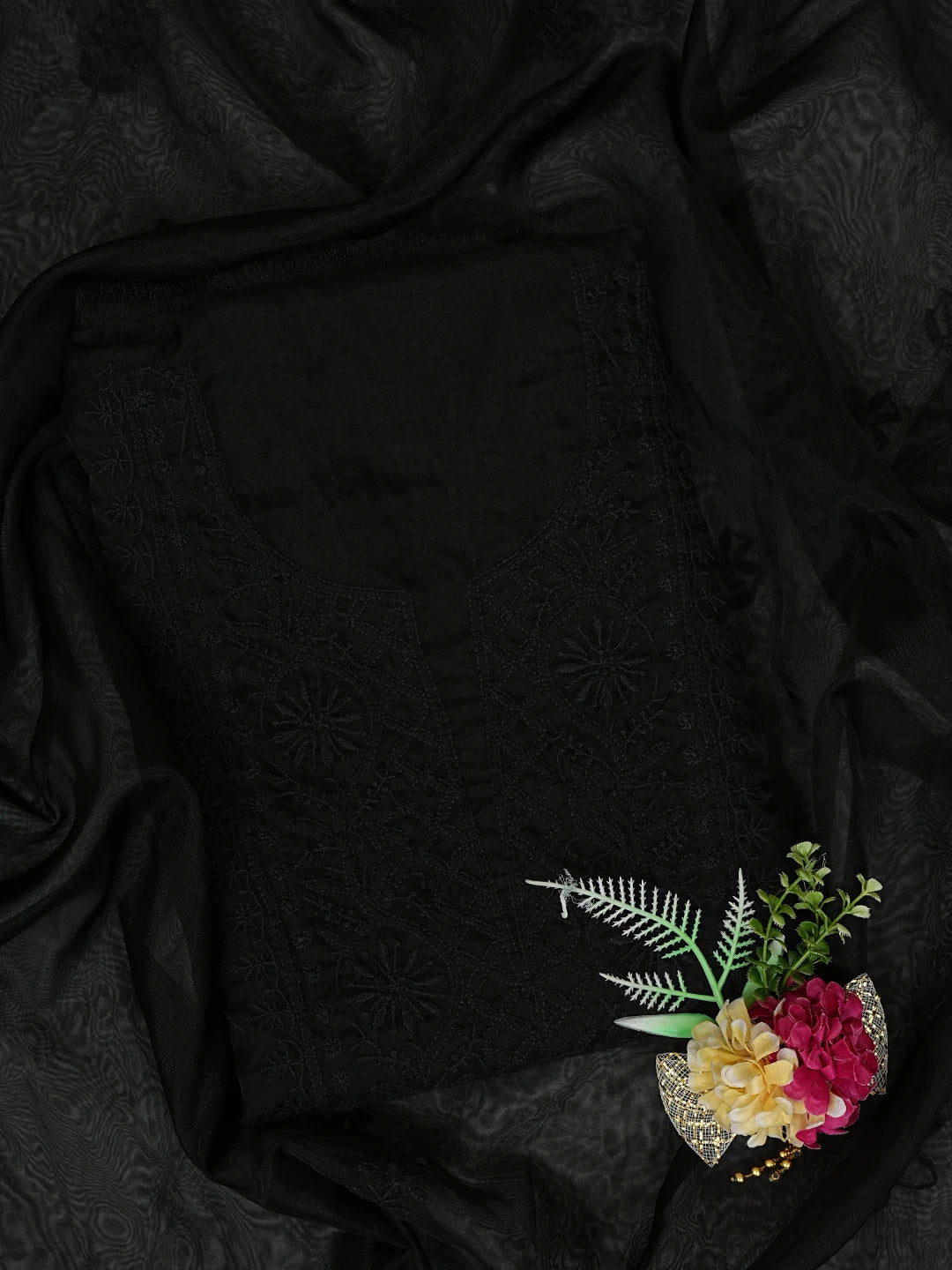 Ada Hand Embroidered Black Organza Lucknowi Chikankari Unstitched Kurta Dupatta Set 01A707852