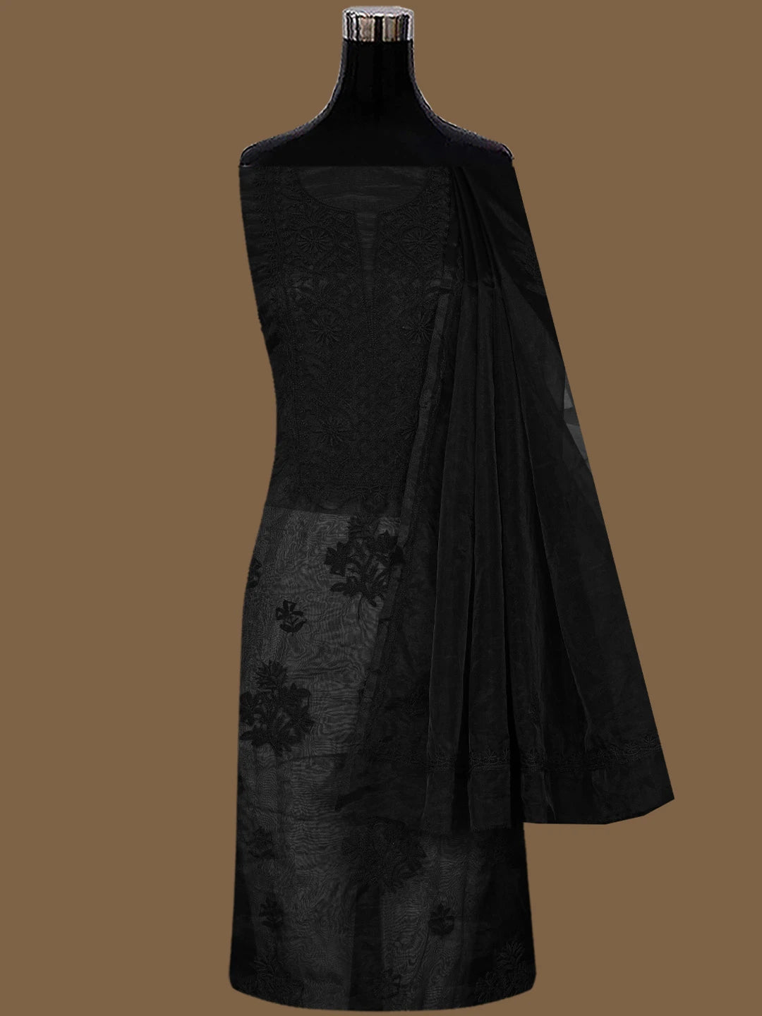 Ada Hand Embroidered Black Organza Lucknowi Chikankari Unstitched Kurta Dupatta Set 01A707852
