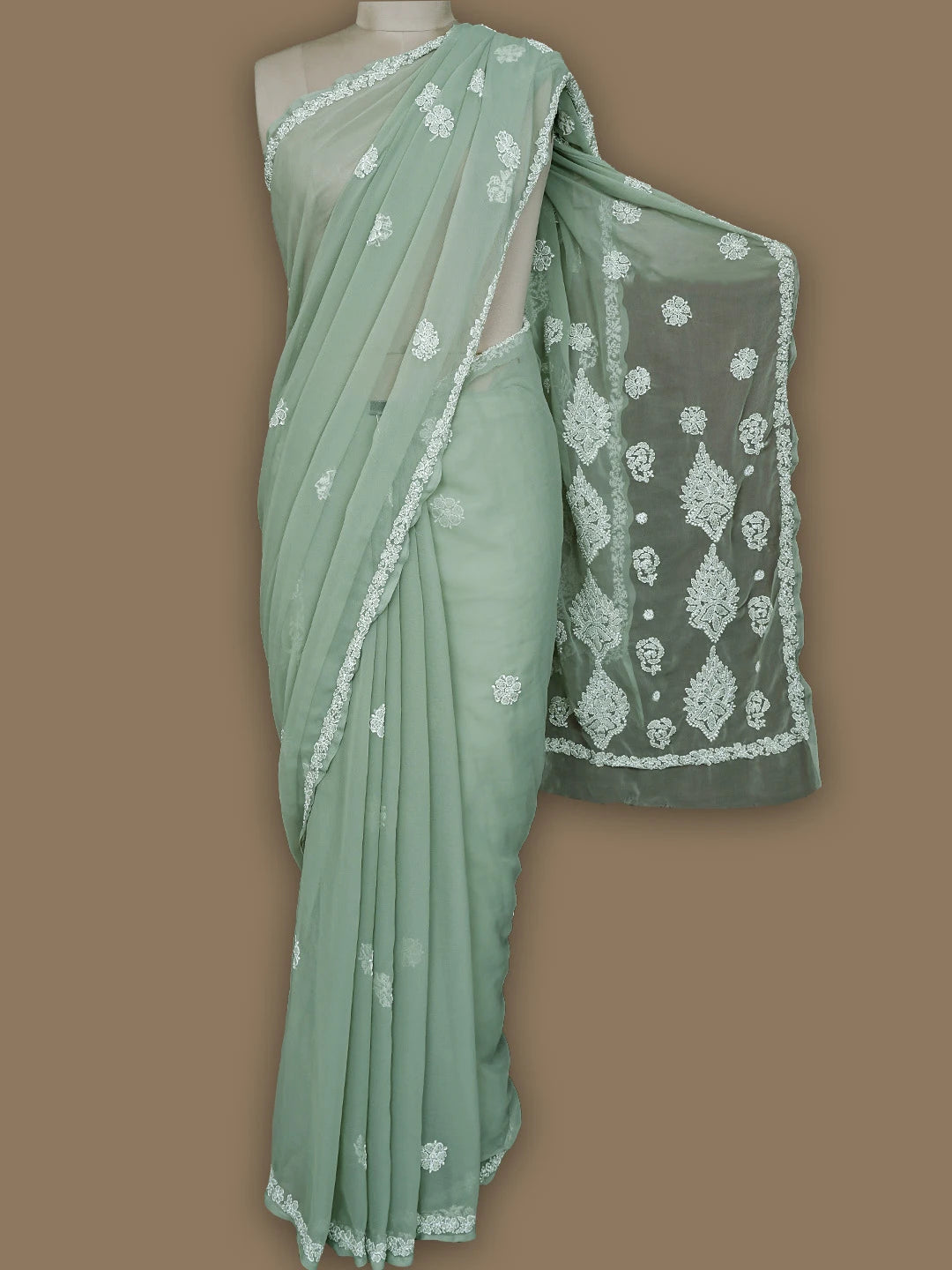 Ada Hand Embroidered Artichoke Green Georgette Lucknowi Chikankari Saree with Blouse 01A823324