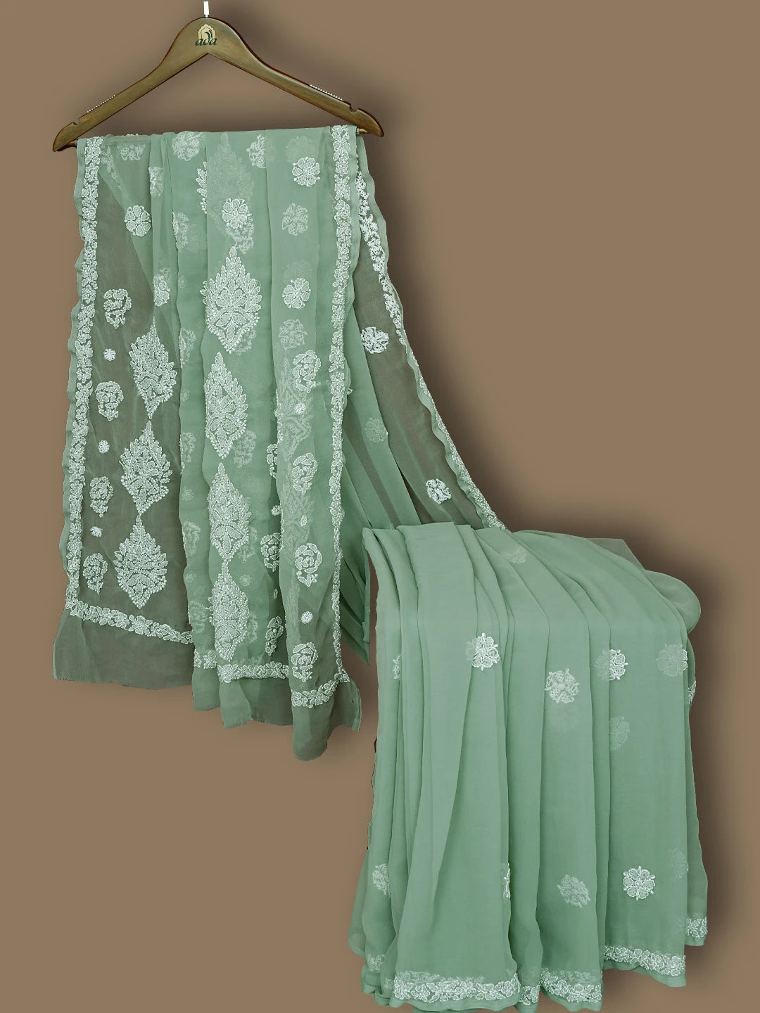 Ada Hand Embroidered Artichoke Green Georgette Lucknowi Chikankari Saree with Blouse 01A823324