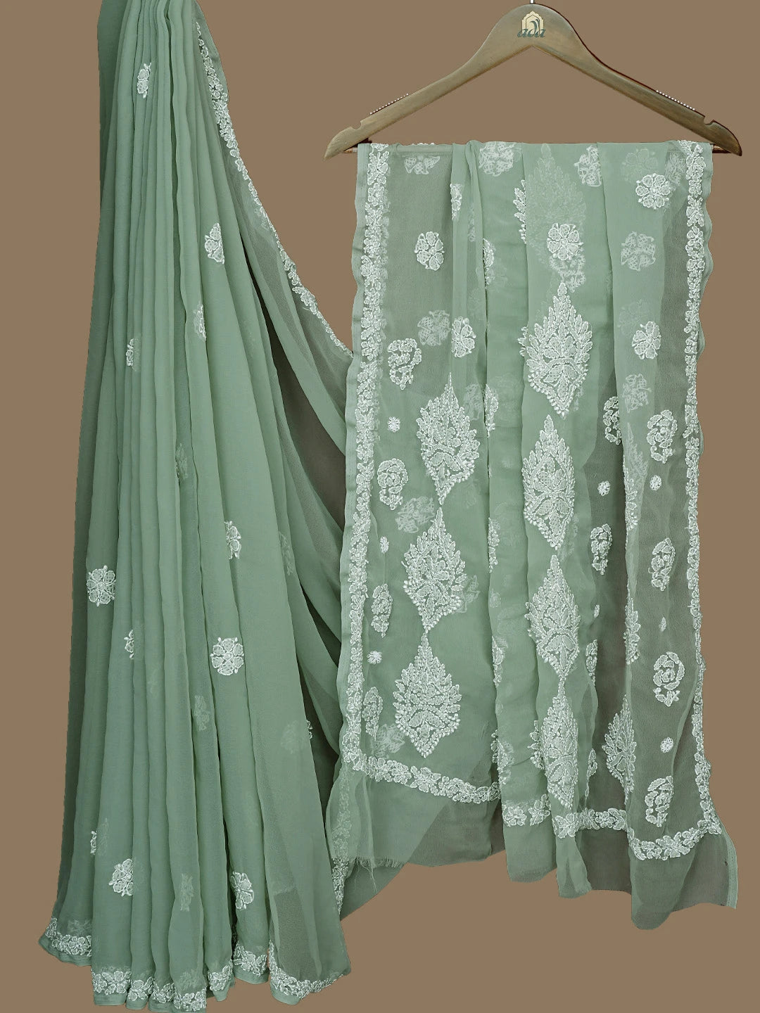 Ada Hand Embroidered Artichoke Green Georgette Lucknowi Chikankari Saree with Blouse 01A823324