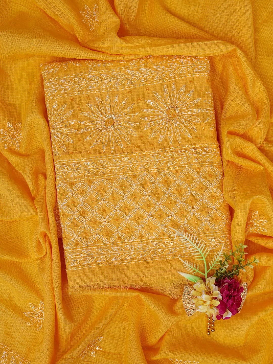 Ada Hand Embroidered Yellow Kota Lucknowi Chikankari Unstitched Kurta Dupatta Set With Cutdana Work 01A590826