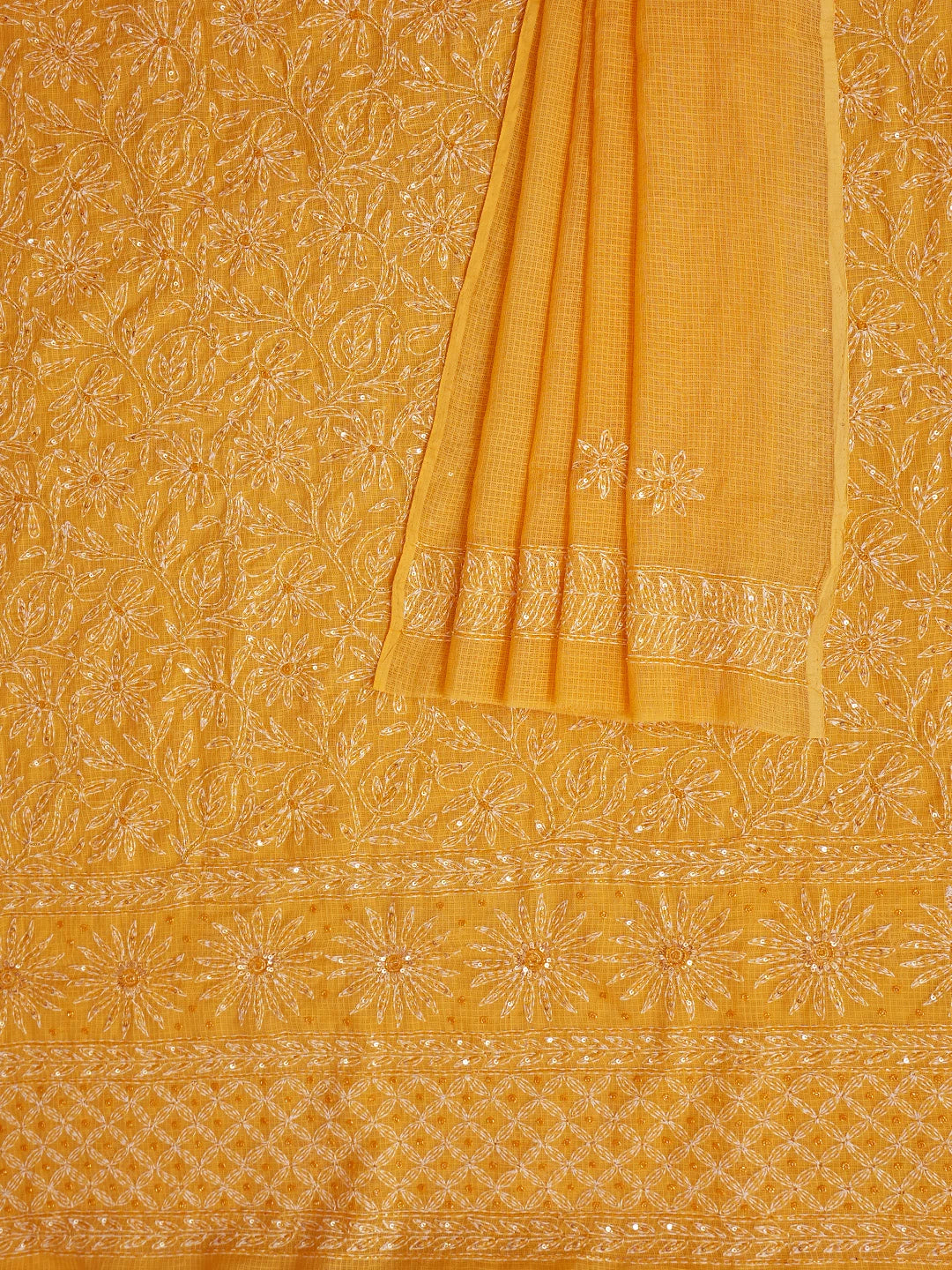 Ada Hand Embroidered Yellow Kota Lucknowi Chikankari Unstitched Kurta Dupatta Set With Cutdana Work 01A590826
