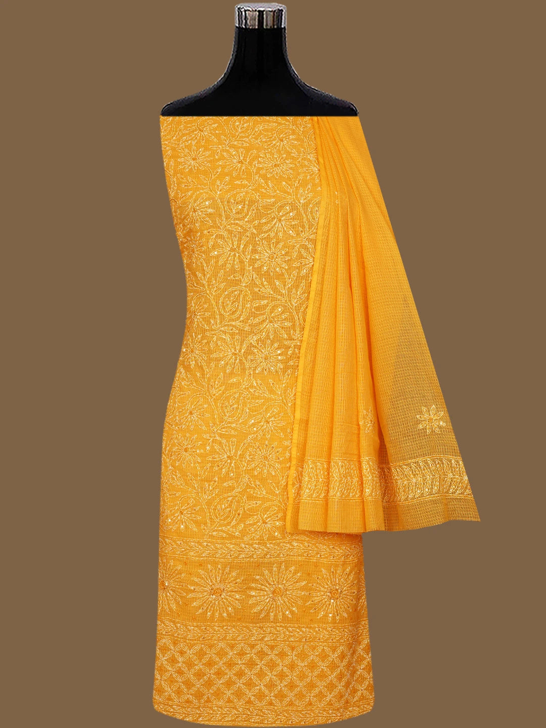 Ada Hand Embroidered Yellow Kota Lucknowi Chikankari Unstitched Kurta Dupatta Set With Cutdana Work 01A590826