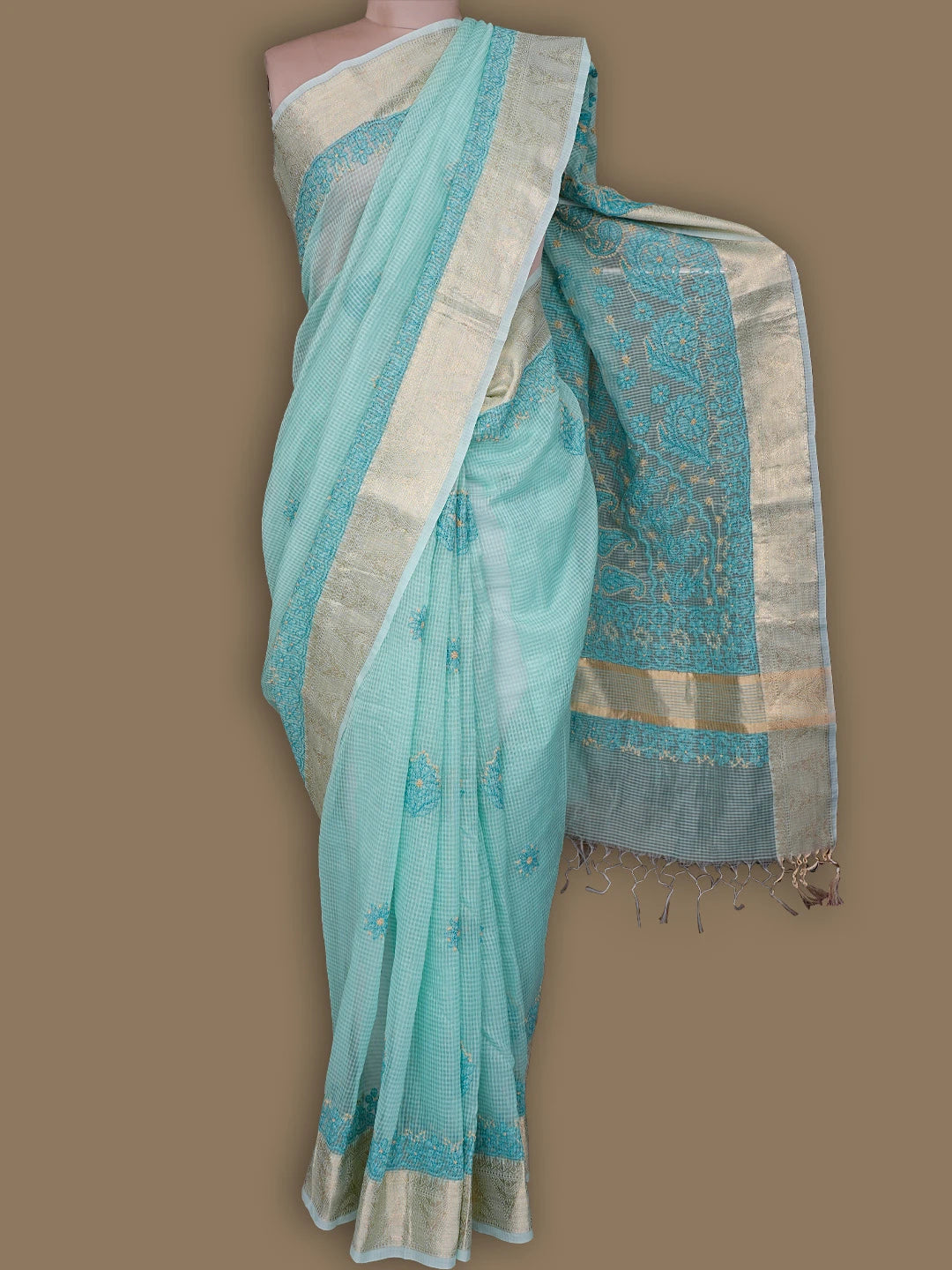Ada Hand Embroidered Tiffany Blue Chanderi Lucknowi Chikankari Saree With Blouse 01A820466