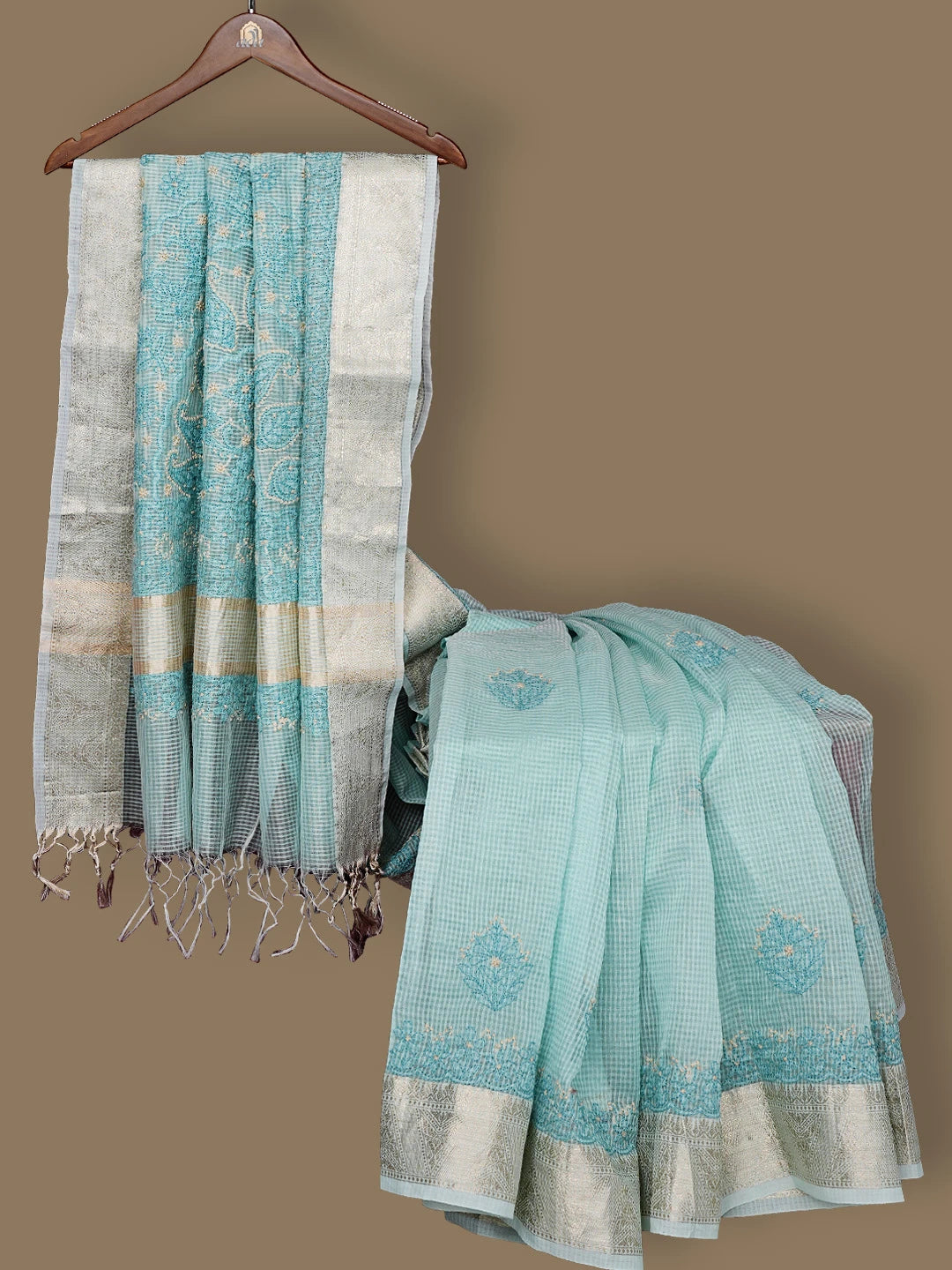 Ada Hand Embroidered Tiffany Blue Chanderi Lucknowi Chikankari Saree With Blouse 01A820466