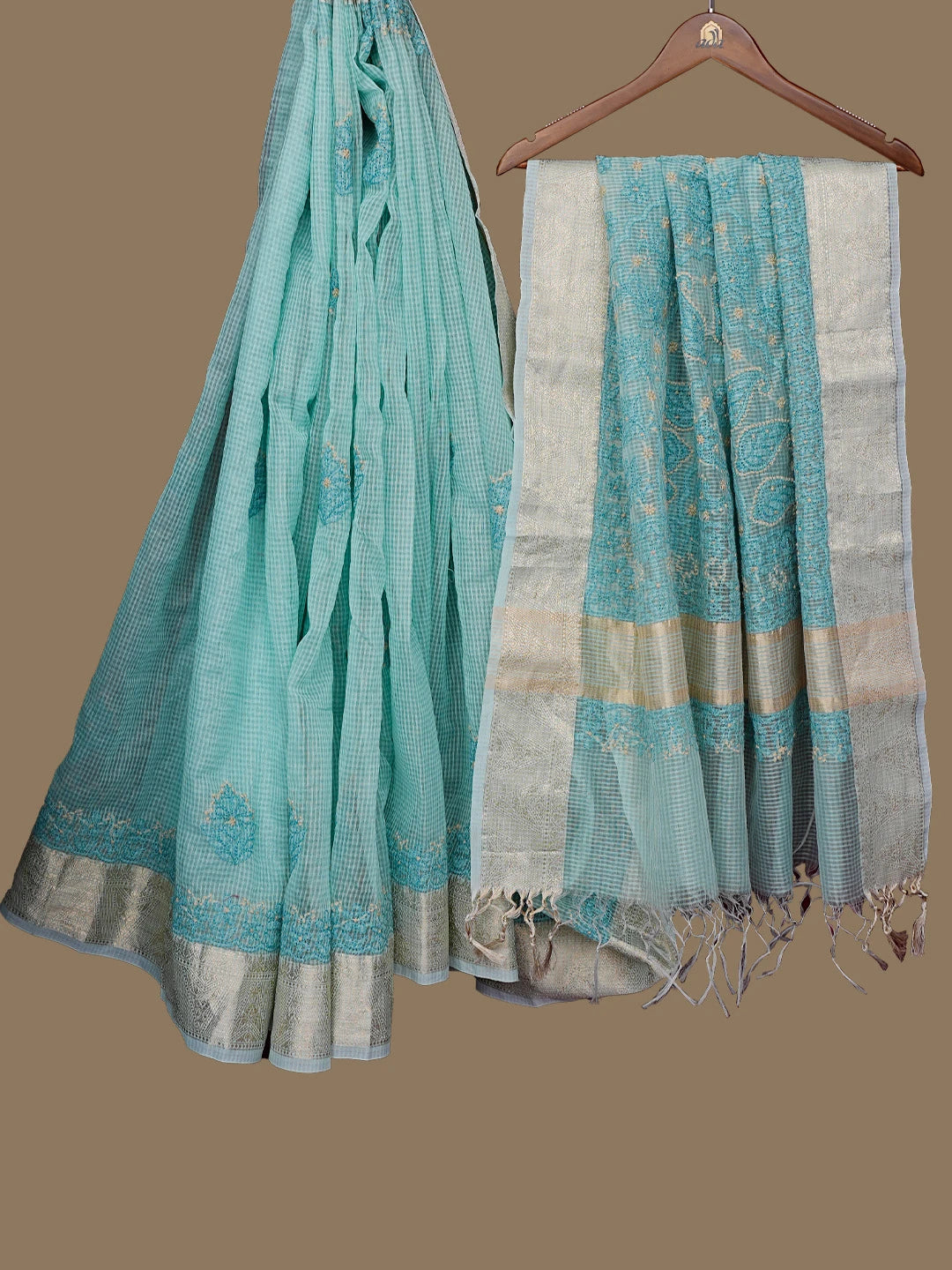 Ada Hand Embroidered Tiffany Blue Chanderi Lucknowi Chikankari Saree With Blouse 01A820466