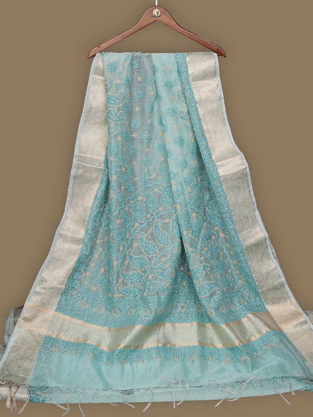 Ada Hand Embroidered Tiffany Blue Chanderi Lucknowi Chikankari Saree With Blouse 01A820466